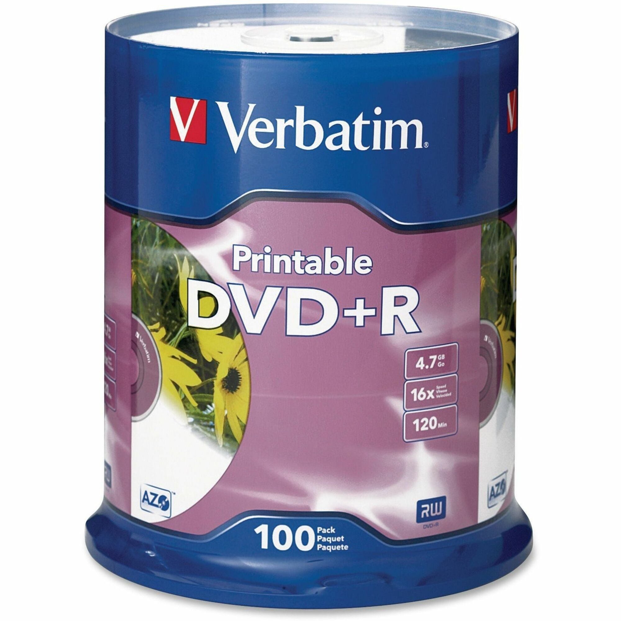Verbatim DVD+R 4.7GB 16X White Inkjet Printable - 100pk Spindle - 120mm - Printable -