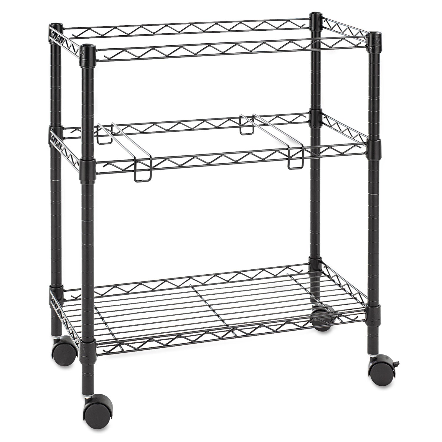 Two-Tier File Cart for Front-to-Back + Side-to-Side Filing, Metal, 1 Shelf, 3 Bins, 26" x 14" x 29.5", Black -