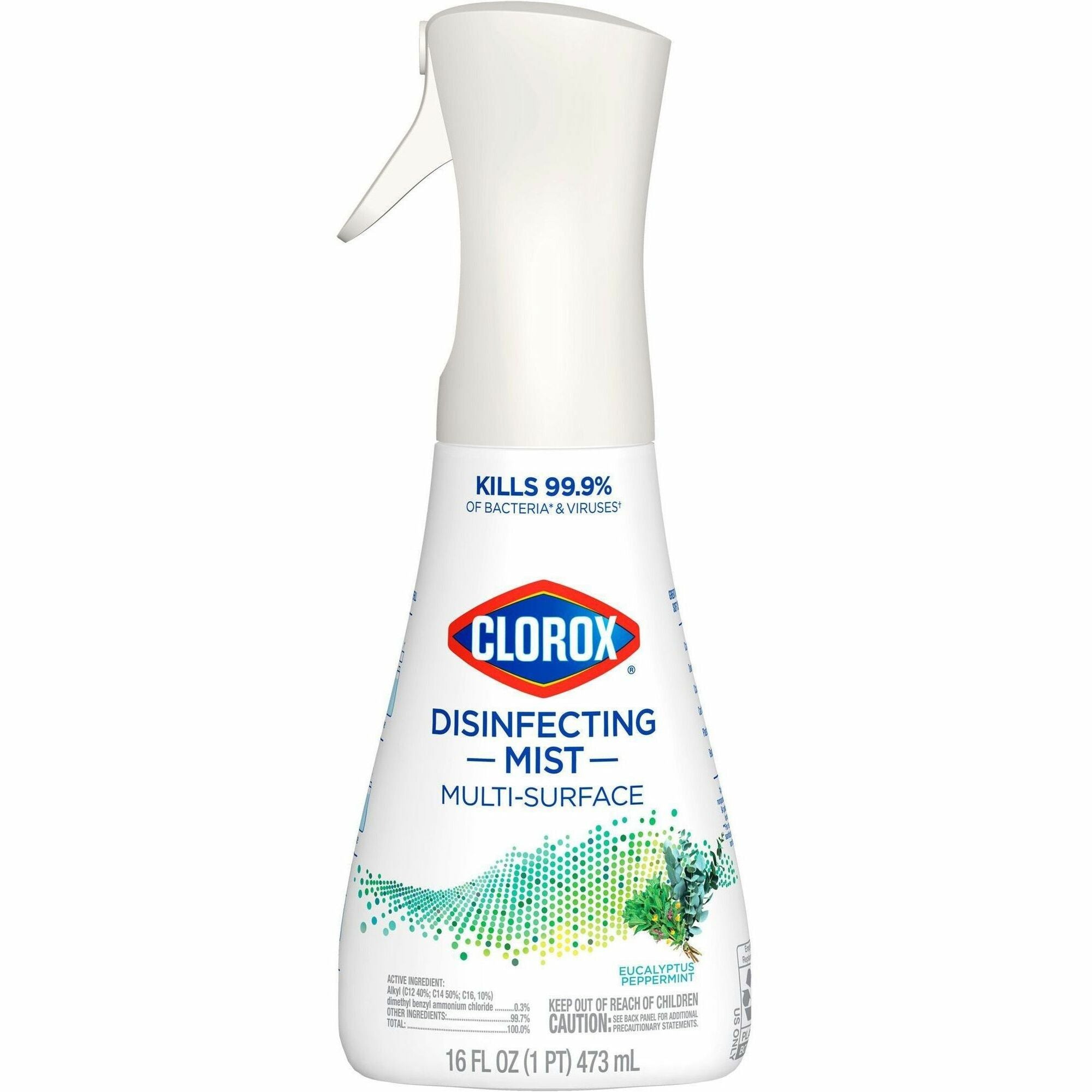 Clorox Disinfecting, Sanitizing, and Antibacterial Mist - 16 fl oz (0.5 quart) - Eucalyptus Peppermint Scent - 1 Each - Non-aerosol, Bleach-free - White - 1