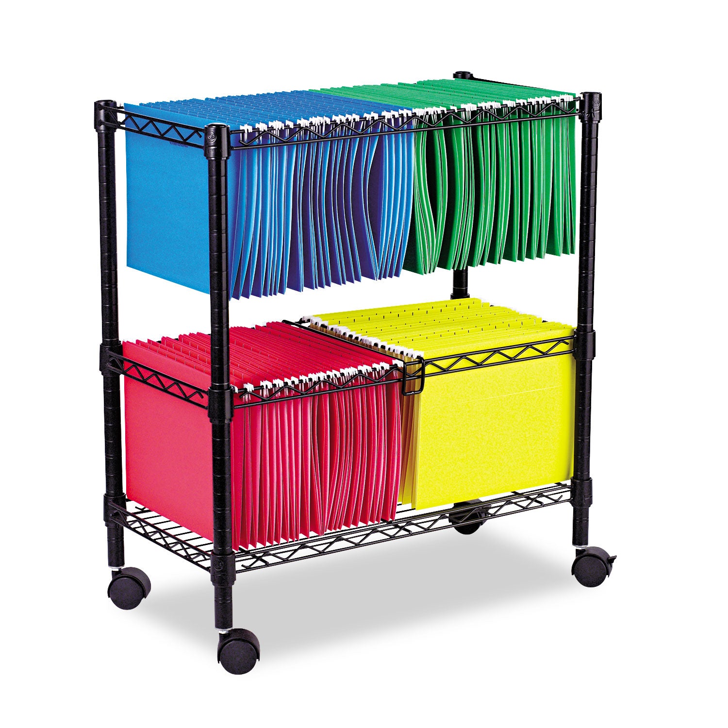 Two-Tier File Cart for Front-to-Back + Side-to-Side Filing, Metal, 1 Shelf, 3 Bins, 26" x 14" x 29.5", Black -