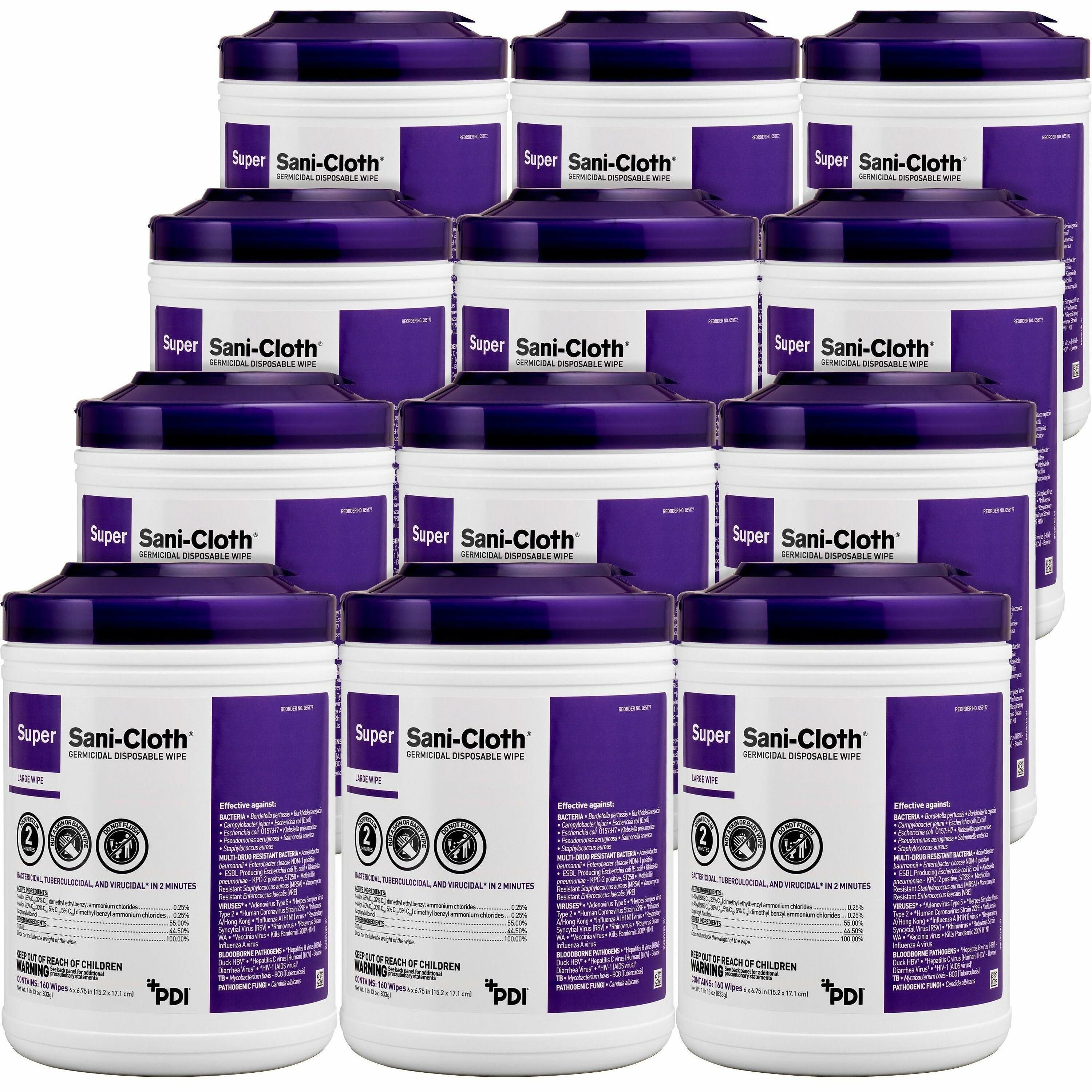 pdi-super-sani-cloth-germicidal-disposable-wipe-675-length-x-6-width-160-can-12-carton-disposable-disinfectant-deodorize-latex-free-bleach-free-virucidal-fungicide-strong-pre-moistened-antimicrobial_pdiq55172ct - 1