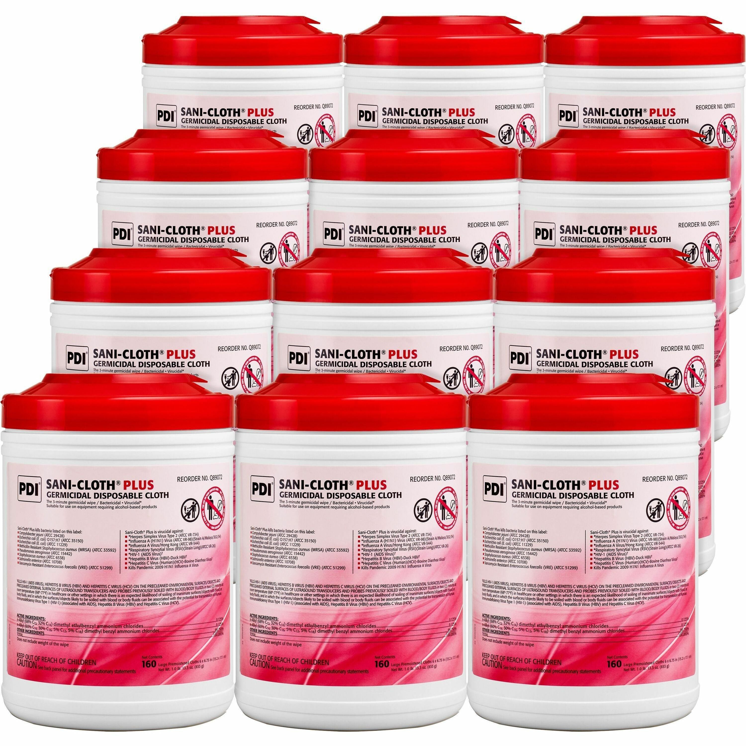 pdi-sani-cloth-plus-germicidal-disposable-cloth-675-length-x-6-width-160-canister-12-carton-disposable-disinfectant-deodorize-fungicide-virucidal-bactericide-latex-free-bleach-free-pre-moistened-antimicrobial-white_pdiq89072ct - 1