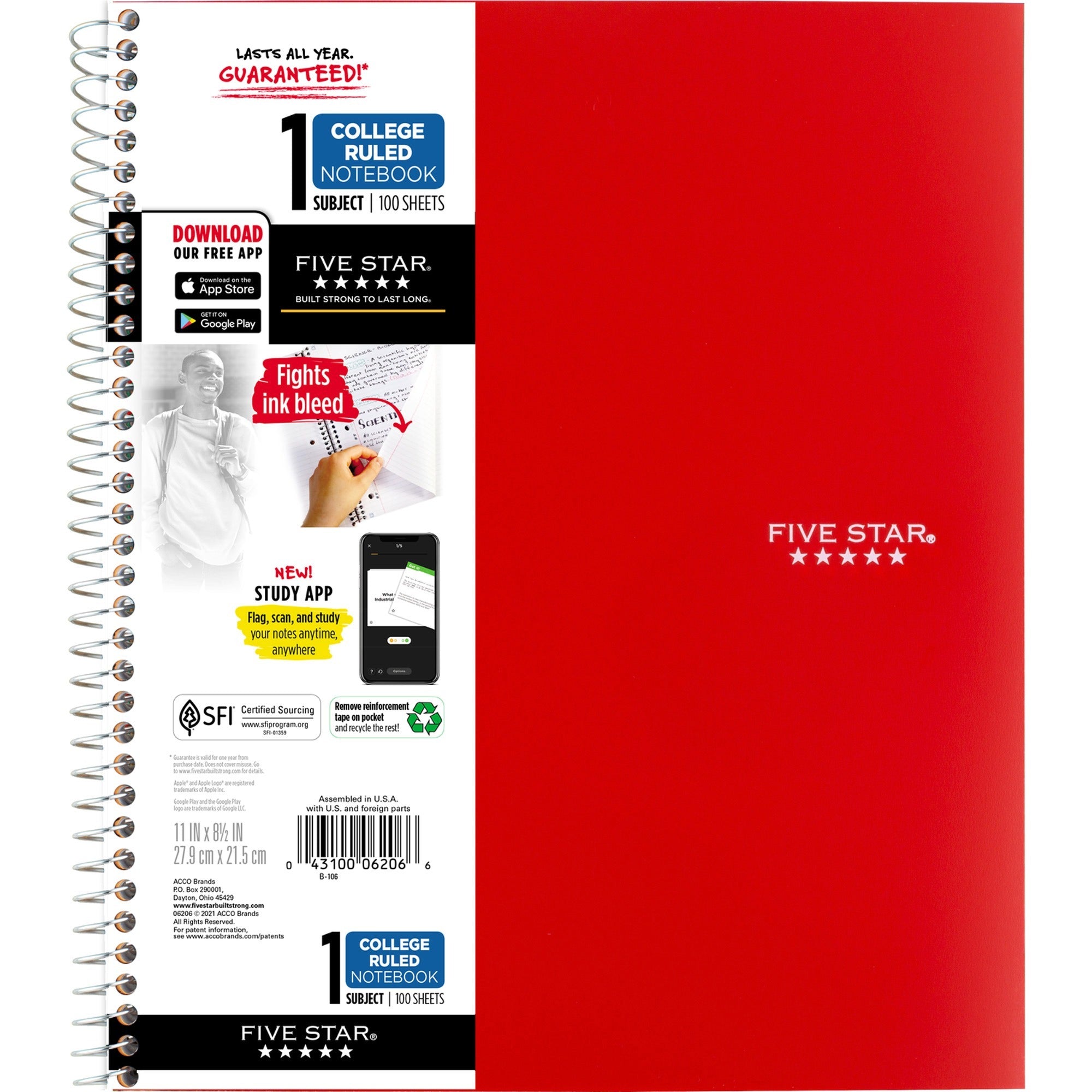 Five Star Wirebound Notebook - 1 Subject(s) - 100 Pages - Wire Bound - College Ruled - Letter - 8 1/2" x 11" - Red Cover - Double Sided Sheet, Durable, Water Resistant, Wear Resistant, Tear Proof, Spill Resistant, Pocket, Opaque - 1 Each