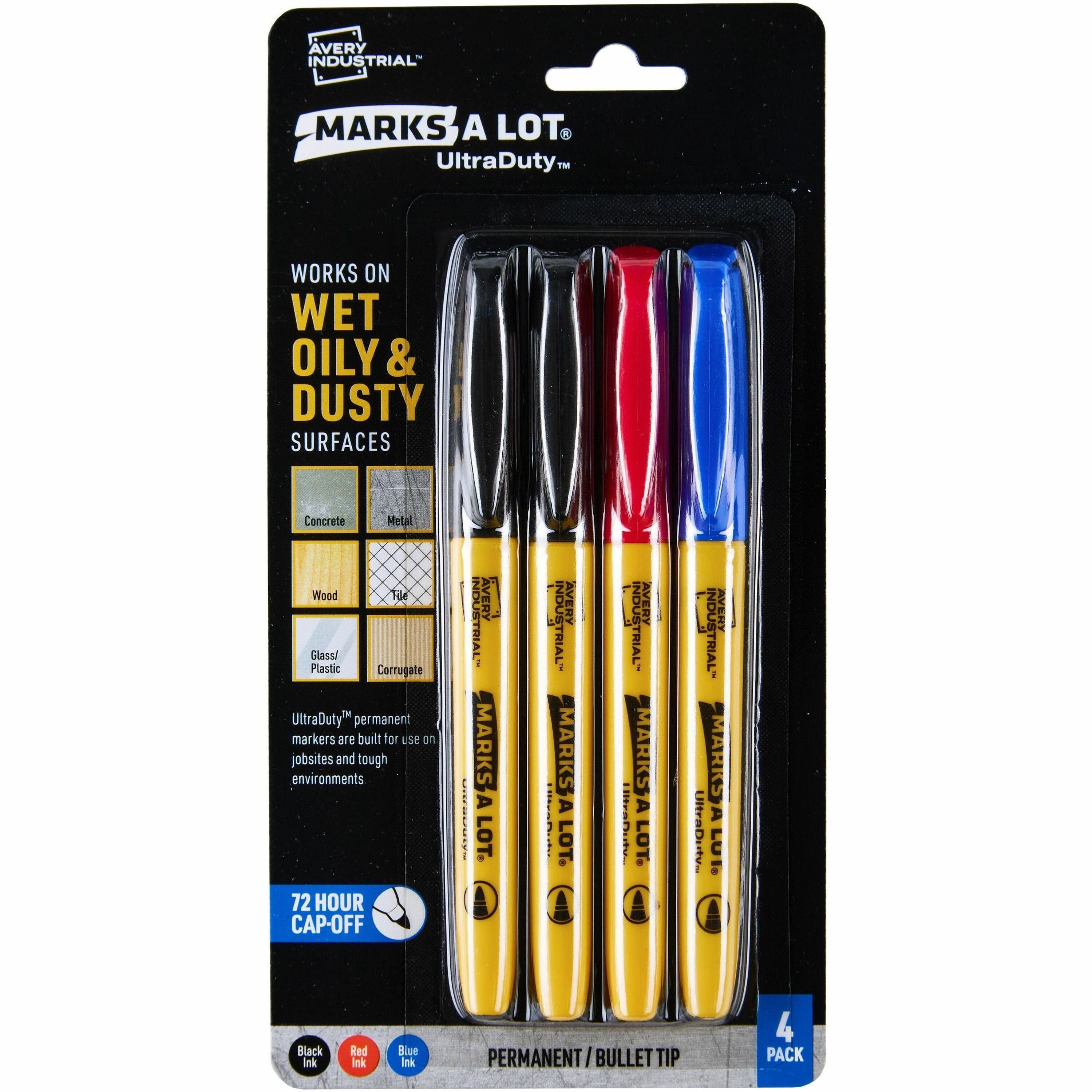 Avery UltraDuty Markers, Bullet Tip, 4 Assorted Markers (29848) - Bold Marker Point - 1 mm Marker Point Size - Bullet Marker Point Style - Black, Red, Blue - Polyester Tip - 4 Pack - 1