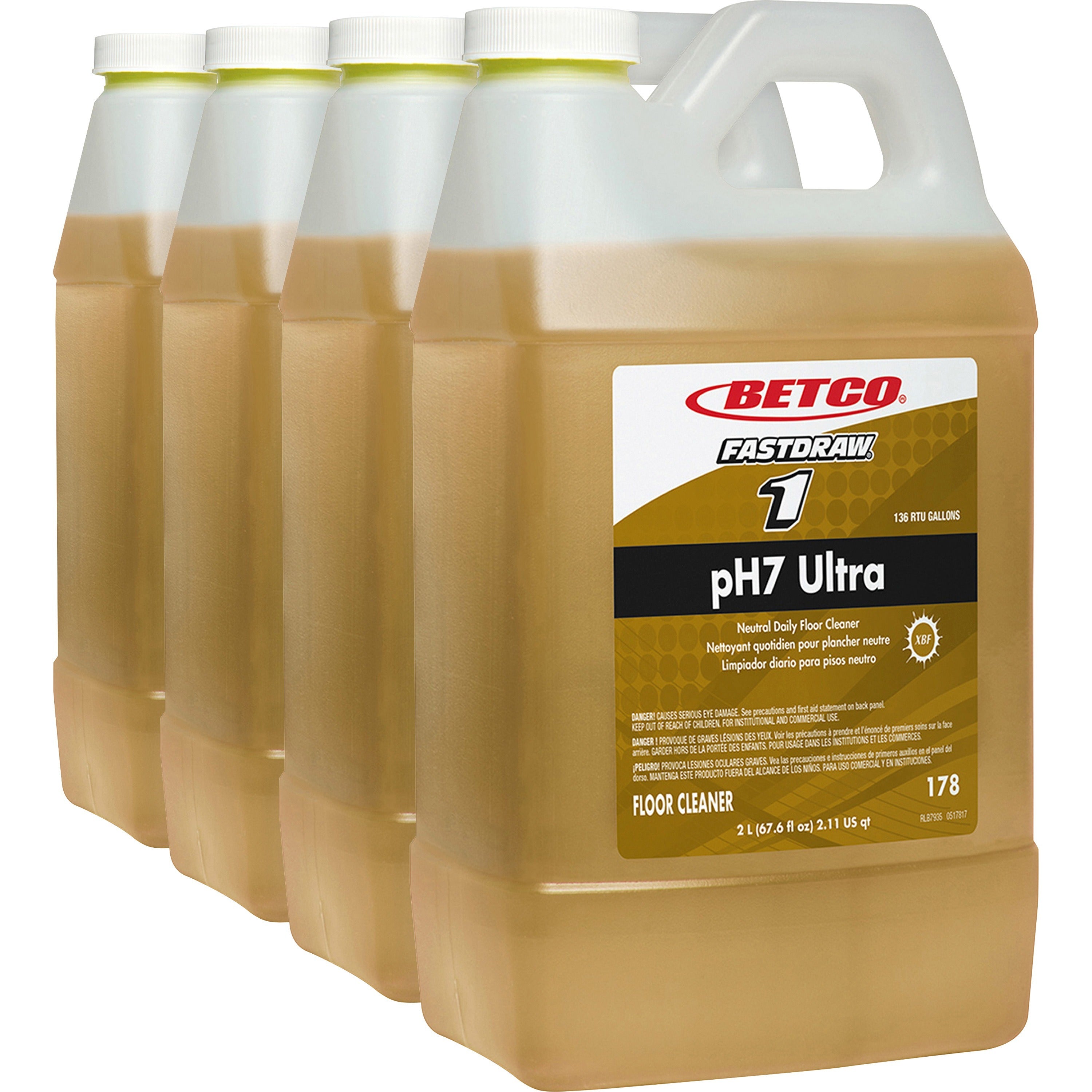 Betco pH7 Ultra Floor Cleaner - FASTDRAW 1 - Concentrate - 67.6 fl oz (2.1 quart) - Pleasant Lemon Scent - 4 / Carton - Film-free, pH Neutral, Low Foaming, Spill Proof, Chemical Resistant, Water Soluble - Yellow - 1