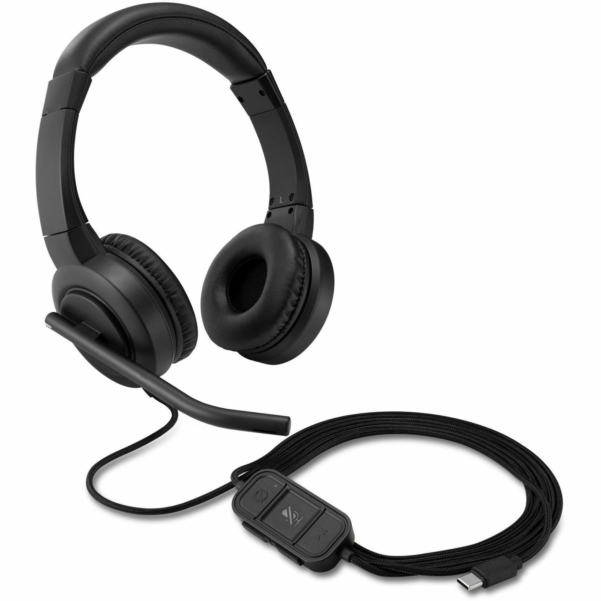 Kensington H1000 USB-C On-Ear Headset - Stereo - USB Type C - Wired - On-ear - Binaural - Circumaural - 6 ft Cable - Directional, Noise Cancelling Microphone - Black - 1