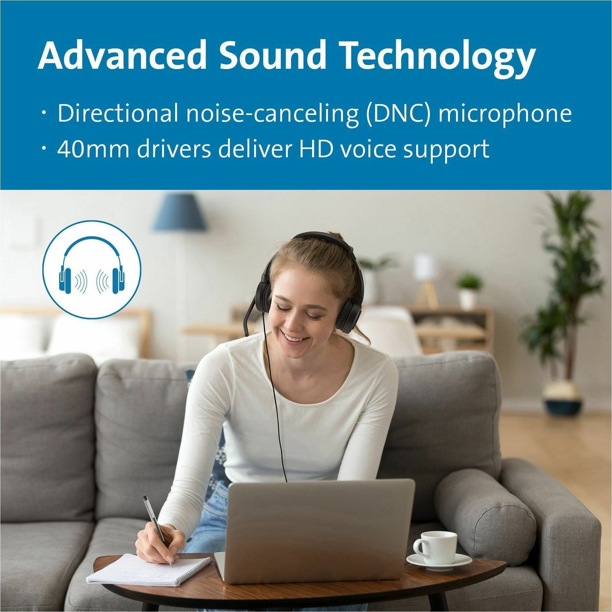 Kensington H1000 USB-C On-Ear Headset - Stereo - USB Type C - Wired - On-ear - Binaural - Circumaural - 6 ft Cable - Directional, Noise Cancelling Microphone - Black - 2