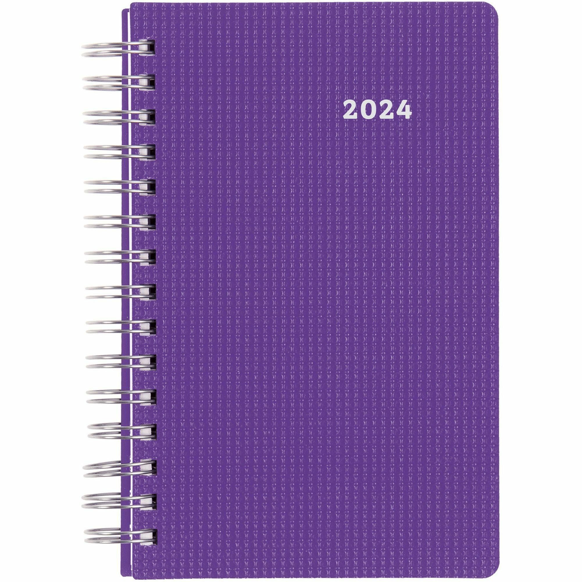 brownline-duraflex-daily-appointment-planner-daily-monthly-12-month-january-2024-december-2024-700-am-to-730-pm-half-hourly-1-day-single-page-layout-2-month-double-page-layout-5-x-8-sheet-size-twin-wire-purple-poly-durabl_redcb634vpur - 2