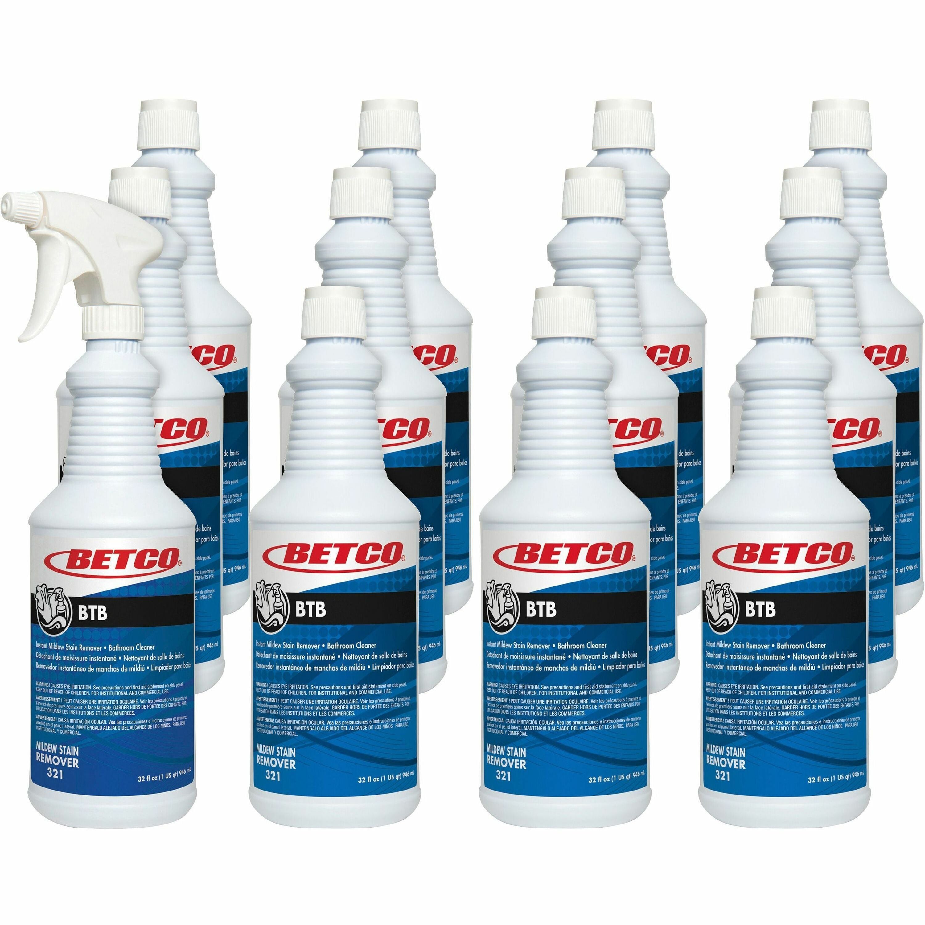 Betco BTB Instant Mildew Stain Remover - Concentrate - 32 oz (2 lb) - 12 / Carton - Amber - 1