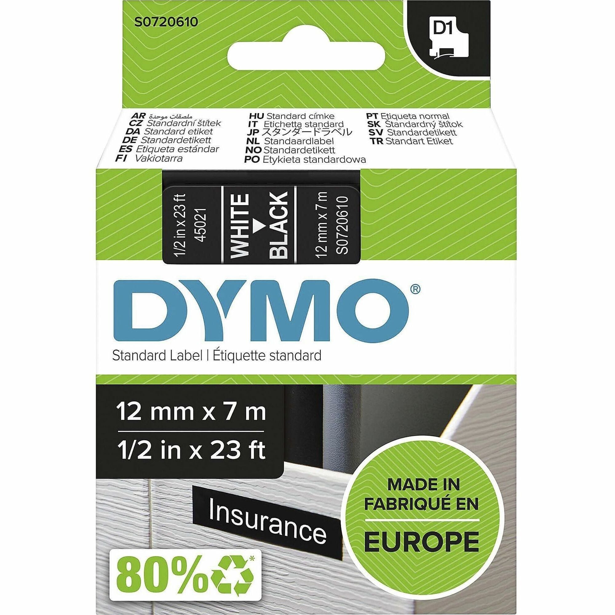dymo-s0720610-d1-45021-tape-12mm-x-7m-white-on-black-15-32-width-x-22-31-32-ft-length-white-on-black-1-each-easy-peel-durable_dyms0720610 - 1