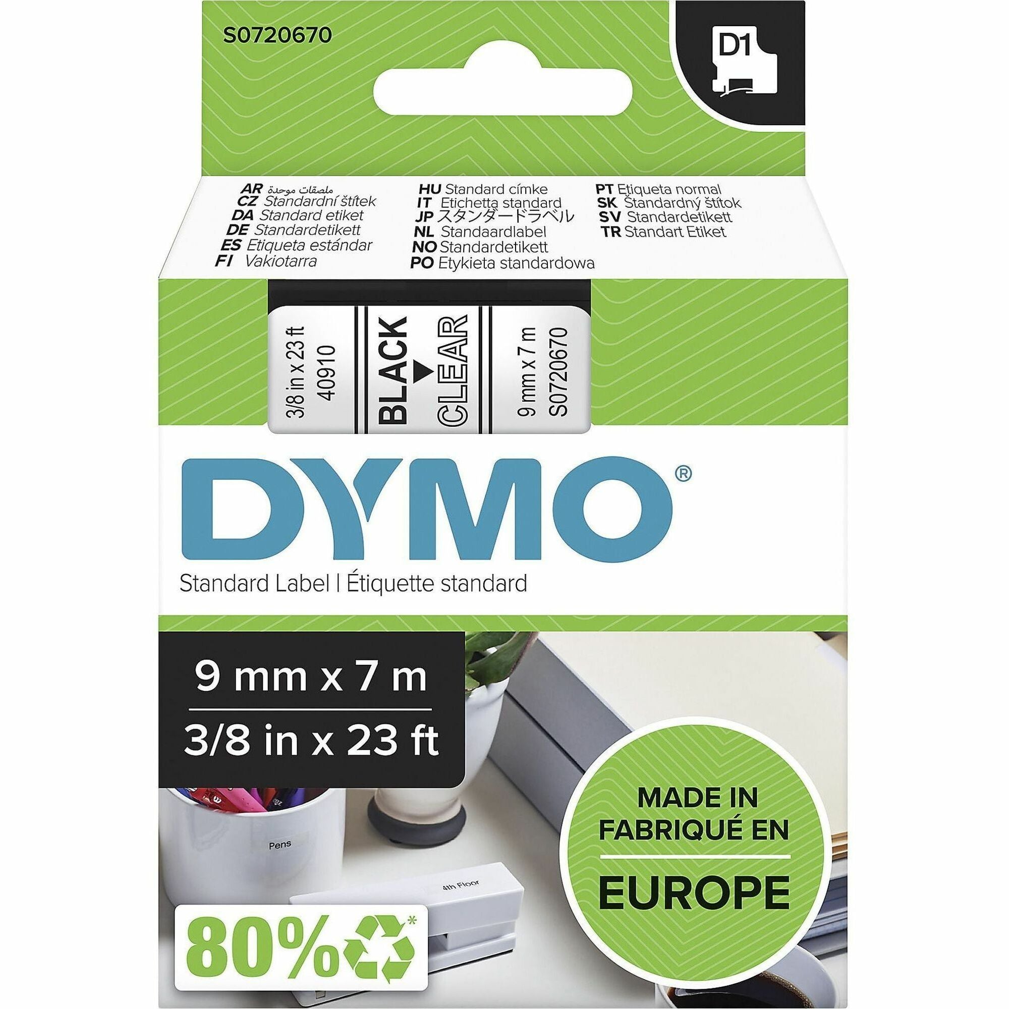 dymo-s0720670-d1-40910-tape-9mm-x-7m-black-on-clear-23-64-width-x-22-31-32-ft-length-black-on-clear-1-each-easy-peel-durable_dyms0720670 - 1
