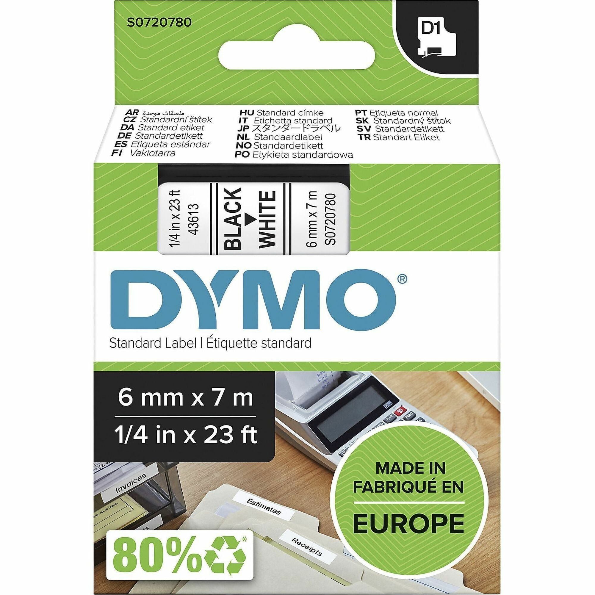 dymo-s0720780-d1-43613-tape-6mm-x-7m-black-on-white-15-64-width-x-22-31-32-ft-length-black-on-white-1-cassette-easy-peel-durable_dyms0720780 - 1