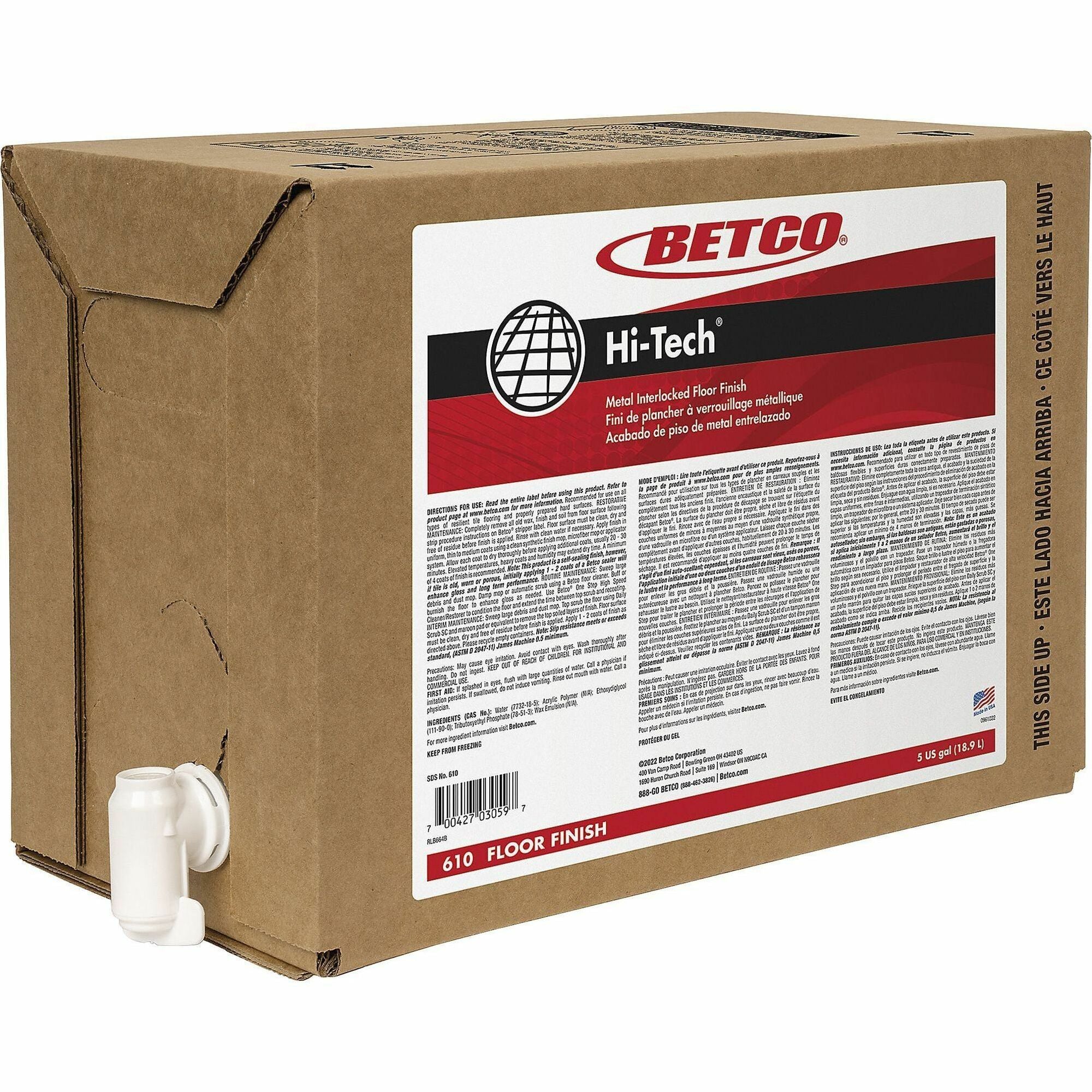 Betco Hi-Tech Metal Interlocked Floor Finish - 640 fl oz (20 quart) - Mild Scent - Self-sealing, Self-Leveling, Slip Resistant - Milky White, Clear