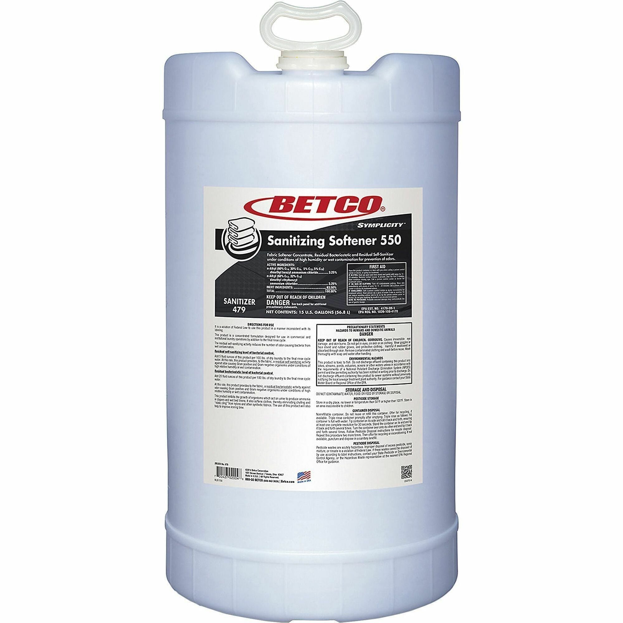 Betco Symplicity Sanitizing Fabric Softener - Concentrate - 1920 fl oz (60 quart) - Fresh Floral ScentDrum - Water Soluble - White, Opaque