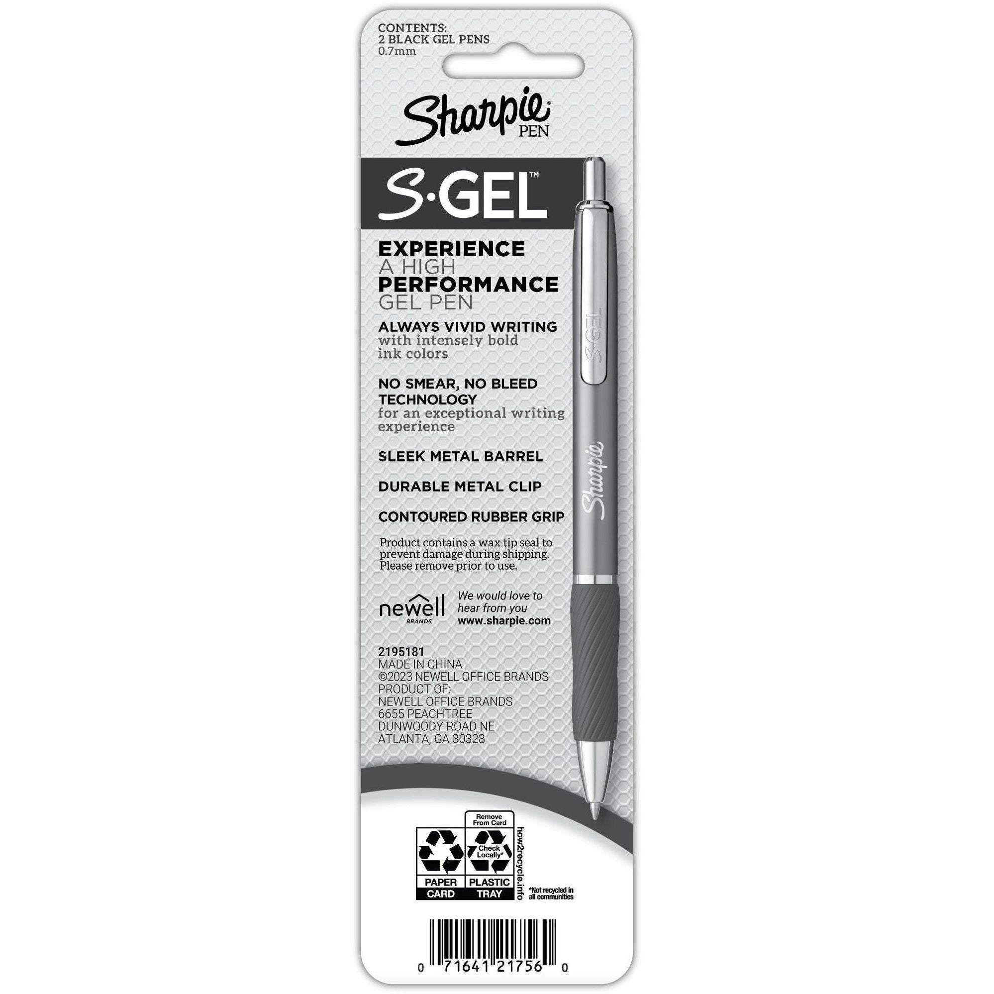 Sharpie S-Gel Pens - 0.7 mm Pen Point Size - Black - Gunmetal Barrel - 2 / Pack - 2