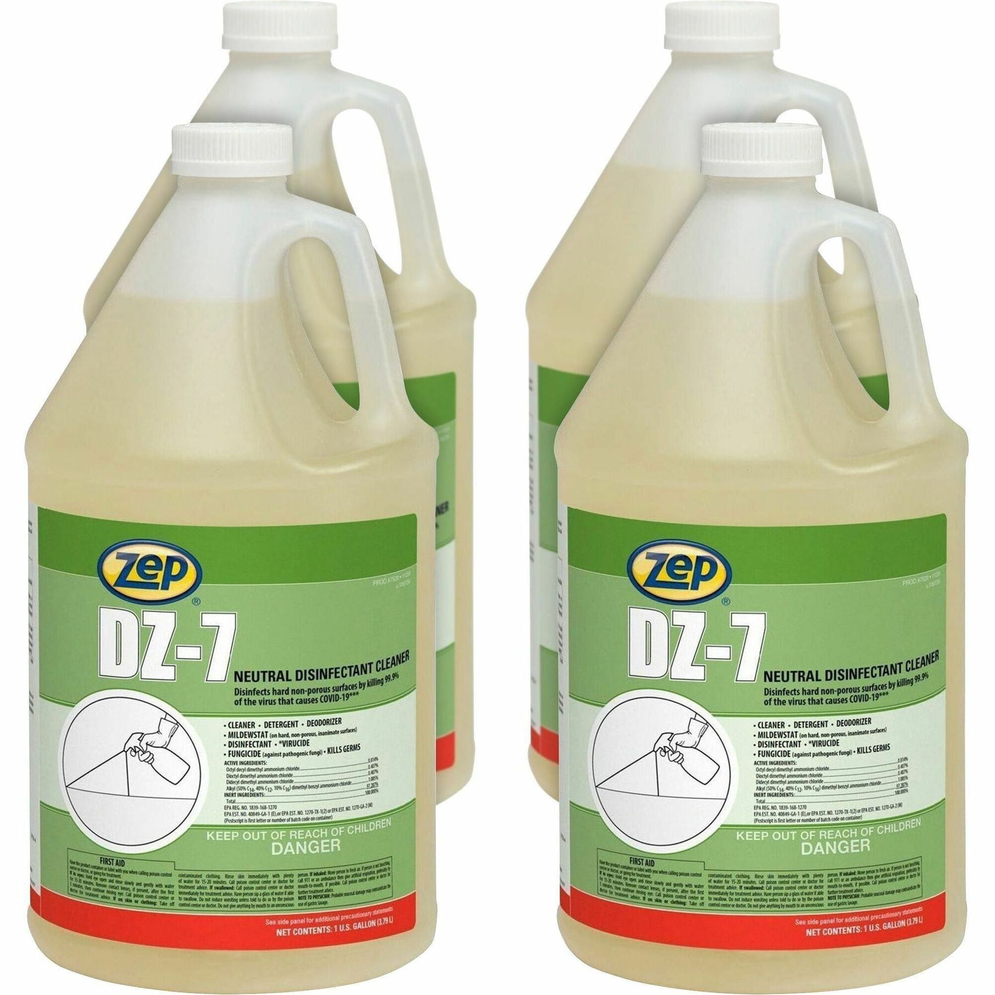 Zep Commercial DZ-7 Neutral Disinfectant Cleaner - 128 fl oz (4 quart) - Neutral Scent - 4 / Carton - Virucidal, Bactericide, Fungicide, Mildewstatic, pH Neutral, Phosphate-free, Butyl-free, APE-free - Yellow - 1