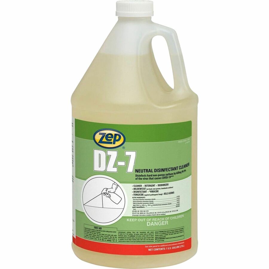 Zep Commercial DZ-7 Neutral Disinfectant Cleaner - 128 fl oz (4 quart) - Neutral Scent - 4 / Carton - Virucidal, Bactericide, Fungicide, Mildewstatic, pH Neutral, Phosphate-free, Butyl-free, APE-free - Yellow - 2