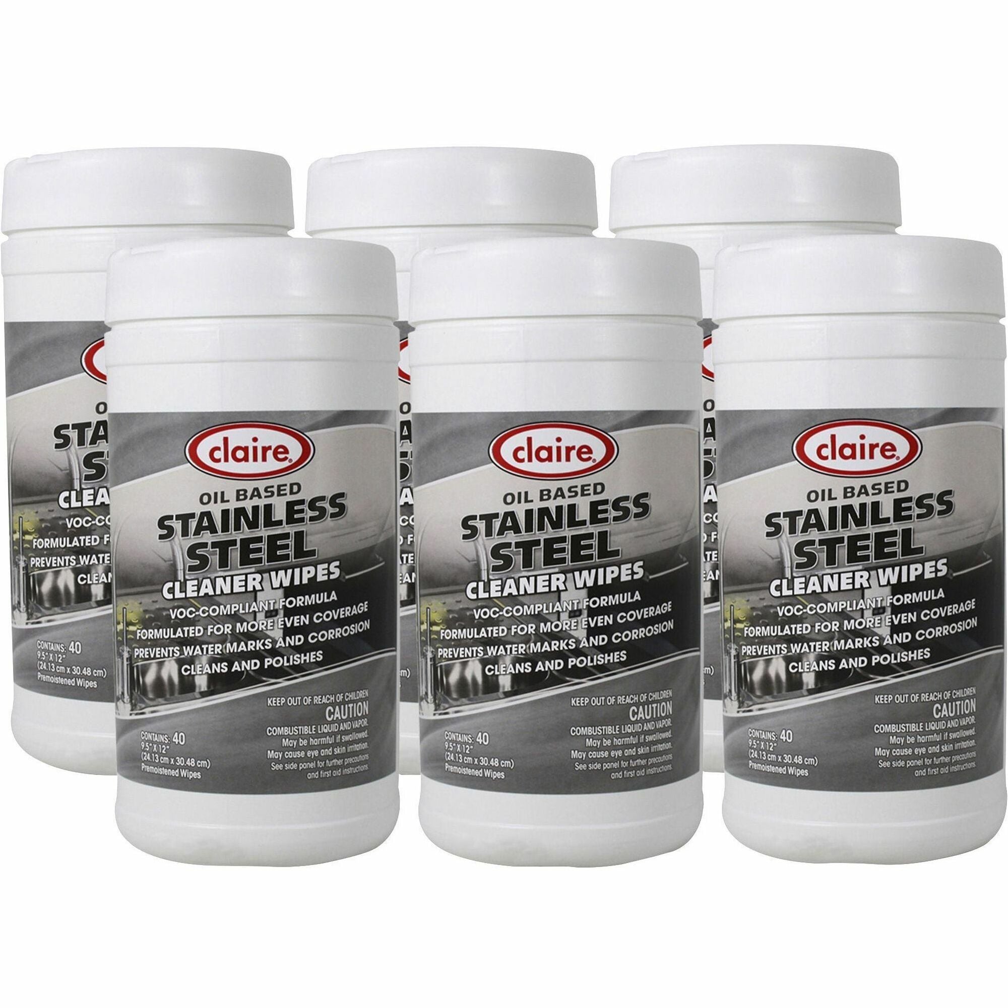 Claire Stainless Steel Wipes - Citrus Scent - 12" Length x 9.50" Width - 40 / Roll - 6 / Carton - Pre-moistened - Gray