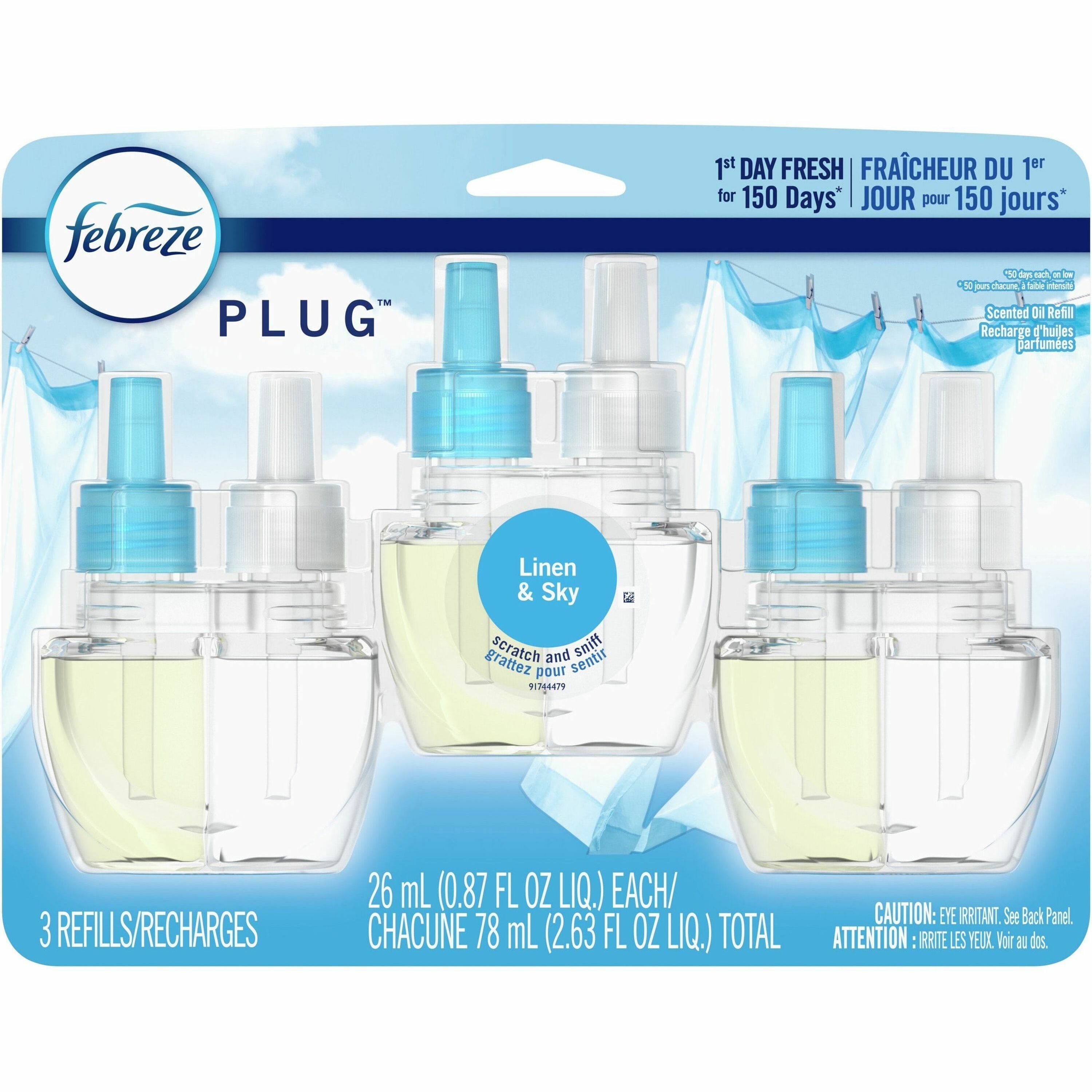 Febreze Plug Linen/Sky Oil Refill - Oil - 0.8 fl oz (0 quart) - Linen & Sky - 50 Day - 3 / Carton - Long Lasting, Odor Neutralizer - 1