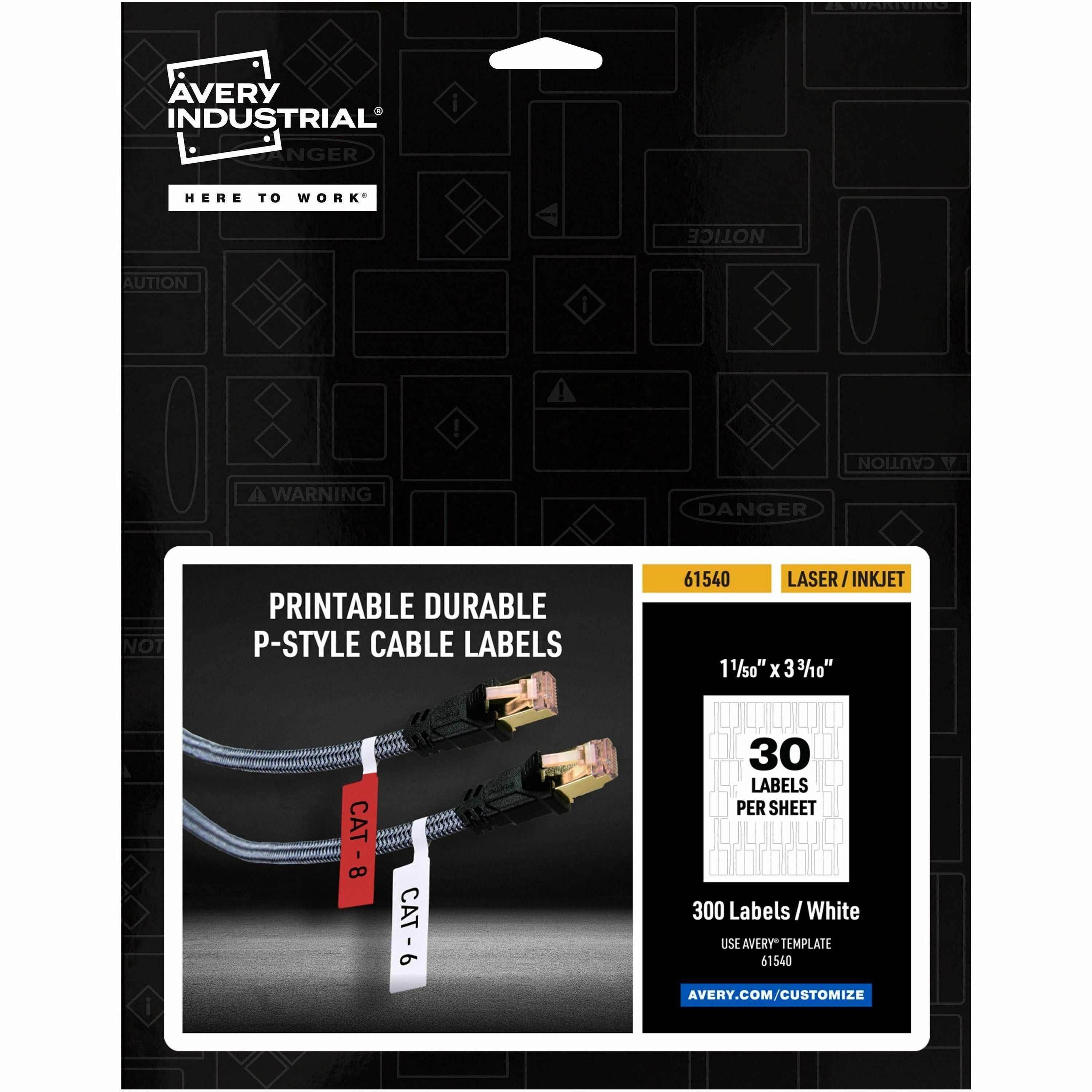 Avery Cable Labels, P-Style, 1.02" x 3.3" , 300 Total (61540) - Waterproof - 1 1/64" Width x 3 19/64" Length - Permanent Adhesive - P-shaped - Laser - White - Film - 30 / Sheet - 10 Total Sheets - 300 Total Label(s) - Durable, Uncoated, Chlorine - 1