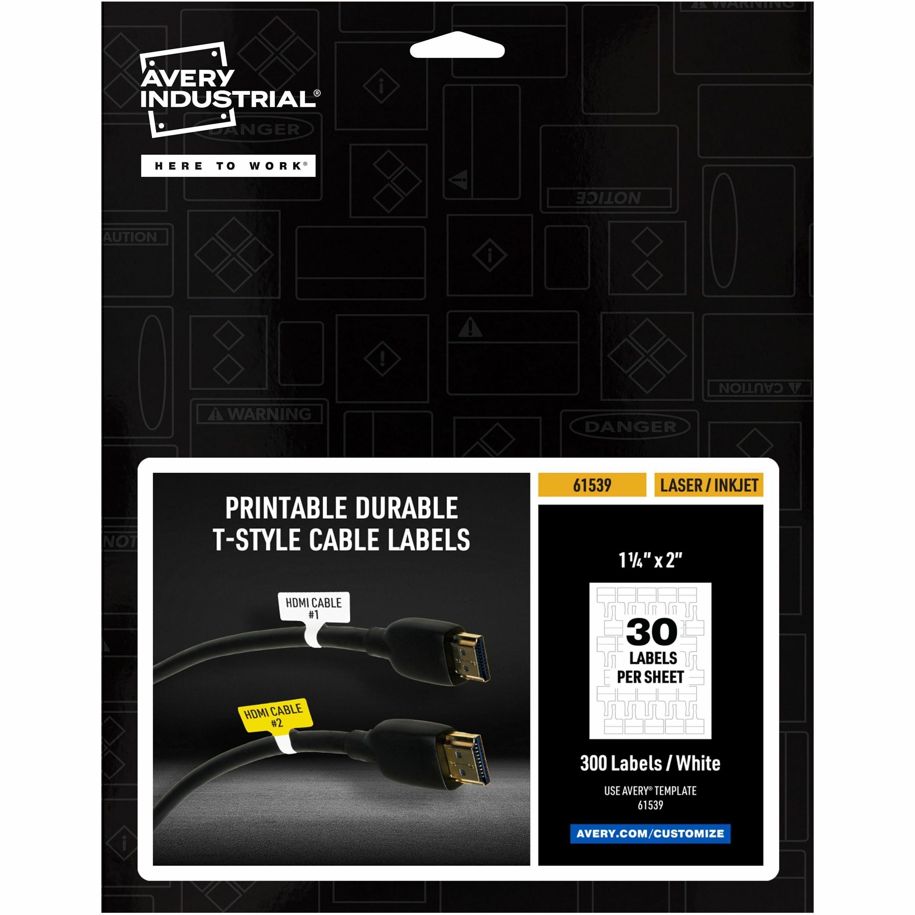 Avery Cable Labels, T-Style, 1.25" x 2" , 300 Total (61539) - Waterproof - 1 1/4" Width x 2" Length - Permanent Adhesive - T-shaped - Inkjet, Laser - White - Film - 30 / Sheet - 10 Total Sheets - 300 Total Label(s) - Durable, Uncoated, Chlorine- - 1