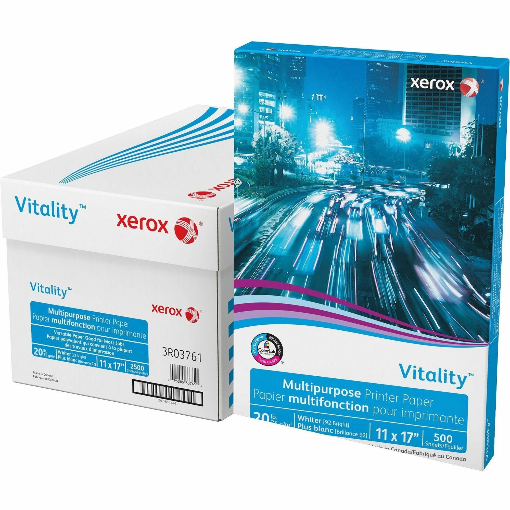 Xerox Vitality Multipurpose Printer Paper - 92 Brightness - 11" x 17" - 20 lb Basis Weight - 75 g/m2 Grammage - 5 / Carton - 500 Sheets per Ream - ColorLok Technology, Jam-free, Plain - White