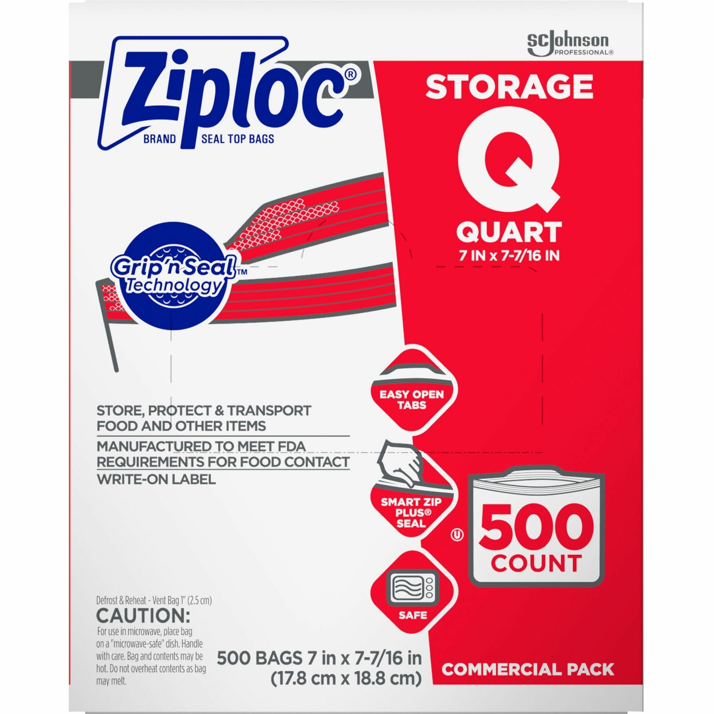 Ziploc Quart Storage Bags - Medium Size - 1 quart Capacity - 7" Width - 1.75 mil (44 Micron) Thickness - Zipper Closure - Textured - Clear - Plastic - 500/Carton - Multipurpose