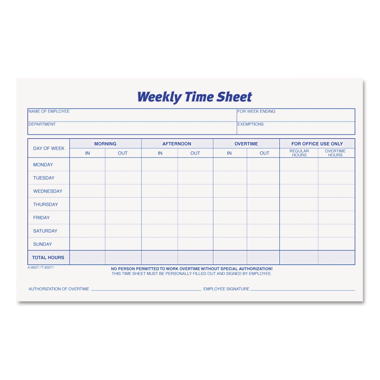 Weekly Time Sheets, One-Part (No Copies), 8.5 x 5.5, 50 Forms/Pad, 2 Pads/Pack -
