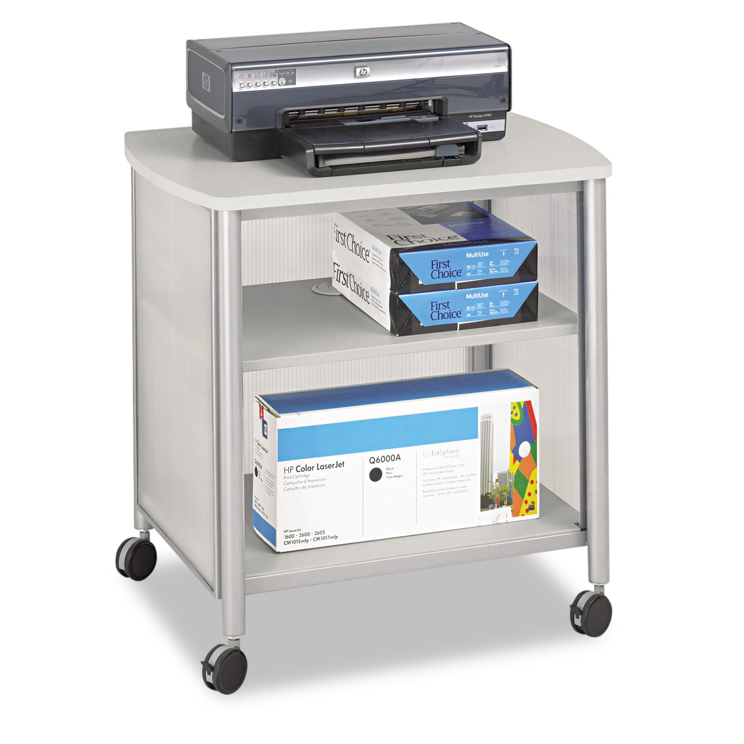 Impromptu Deskside Machine Stand, Metal, 3 Shelves, 100 lb Capacity, 26.25" x 21" x 26.5", Gray -