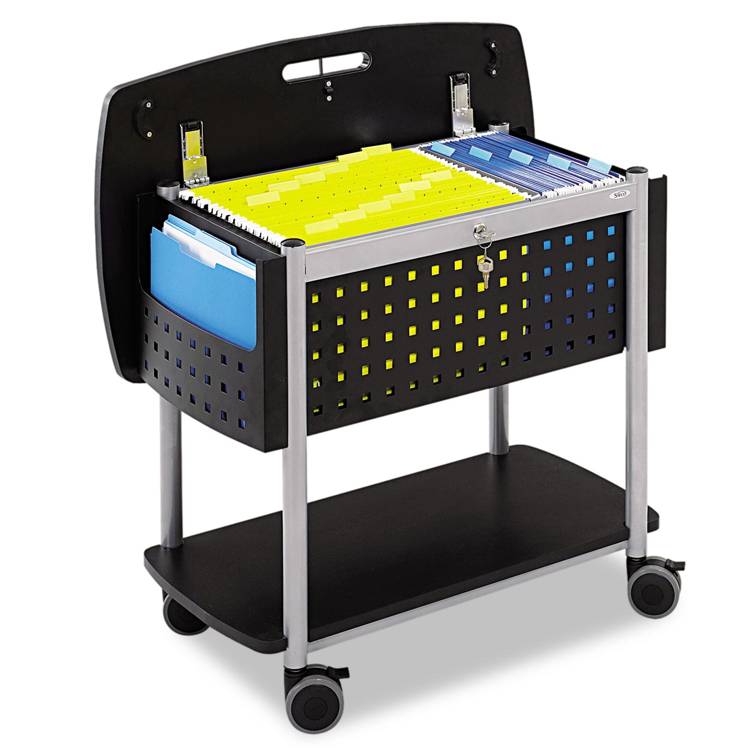 Scoot Mobile File, Metal, 2 Shelves, 2 Bins, 29.75" x 18.75" x 27", Black/Silver -