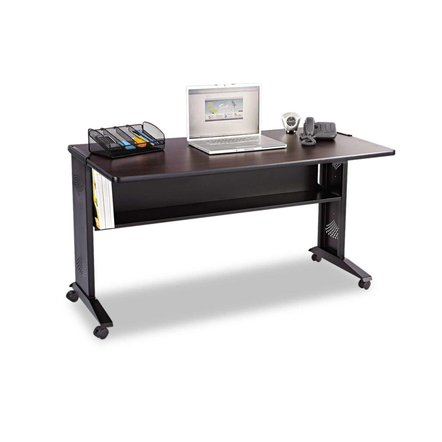 Mobile Computer Desk with Reversible Top, 53.5" x 28" x 30", Mahogany/Medium Oak/Black -