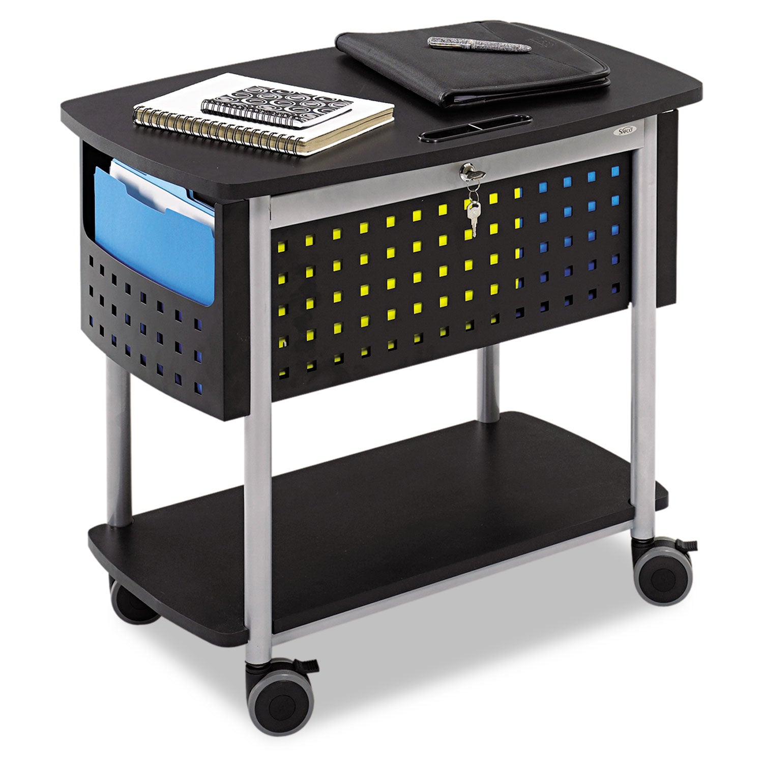 Scoot Mobile File, Metal, 2 Shelves, 2 Bins, 29.75" x 18.75" x 27", Black/Silver -