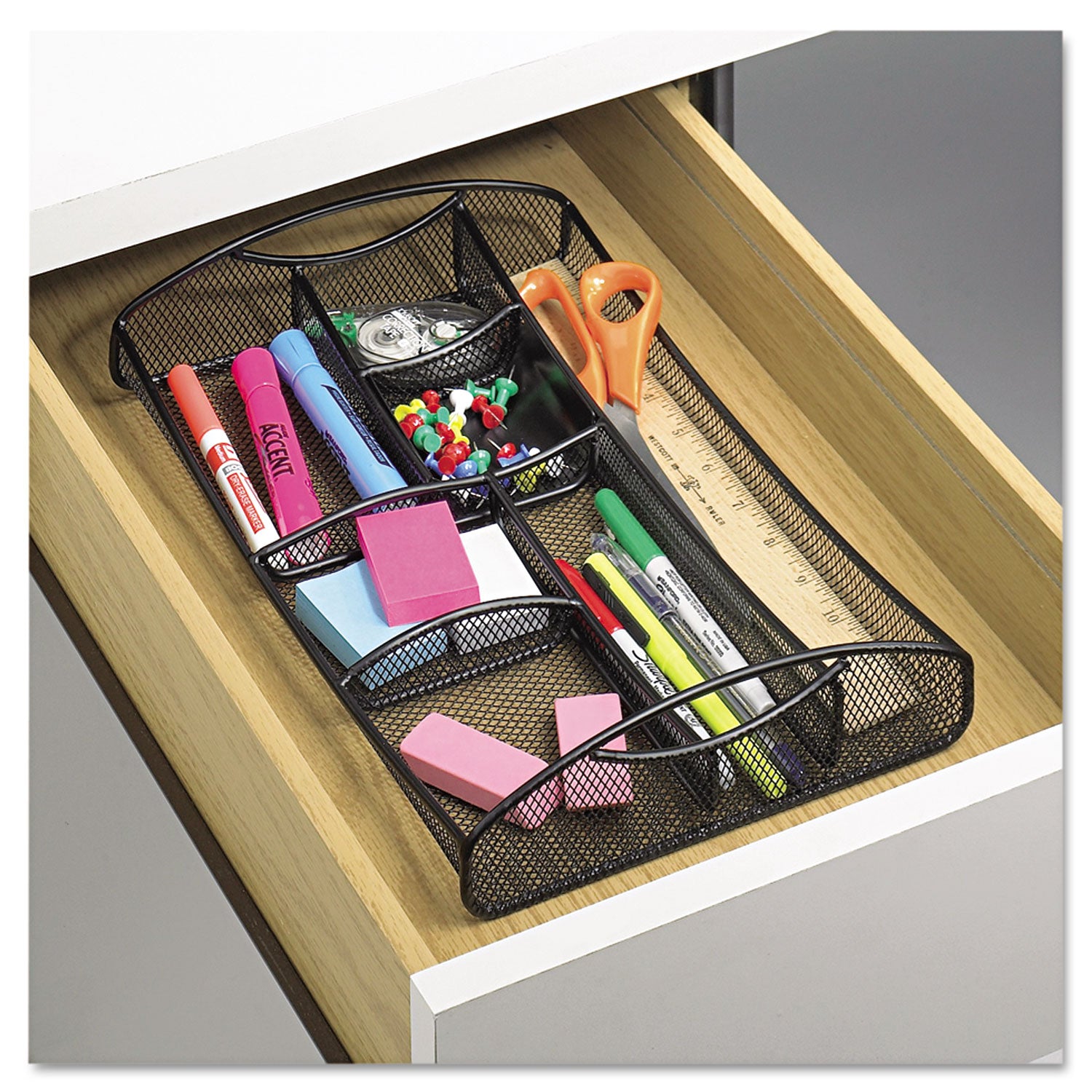 Onyx Mesh Drawer Organizer, Seven Compartments, 13 x 8.75 x 2.75, Steel, Black -