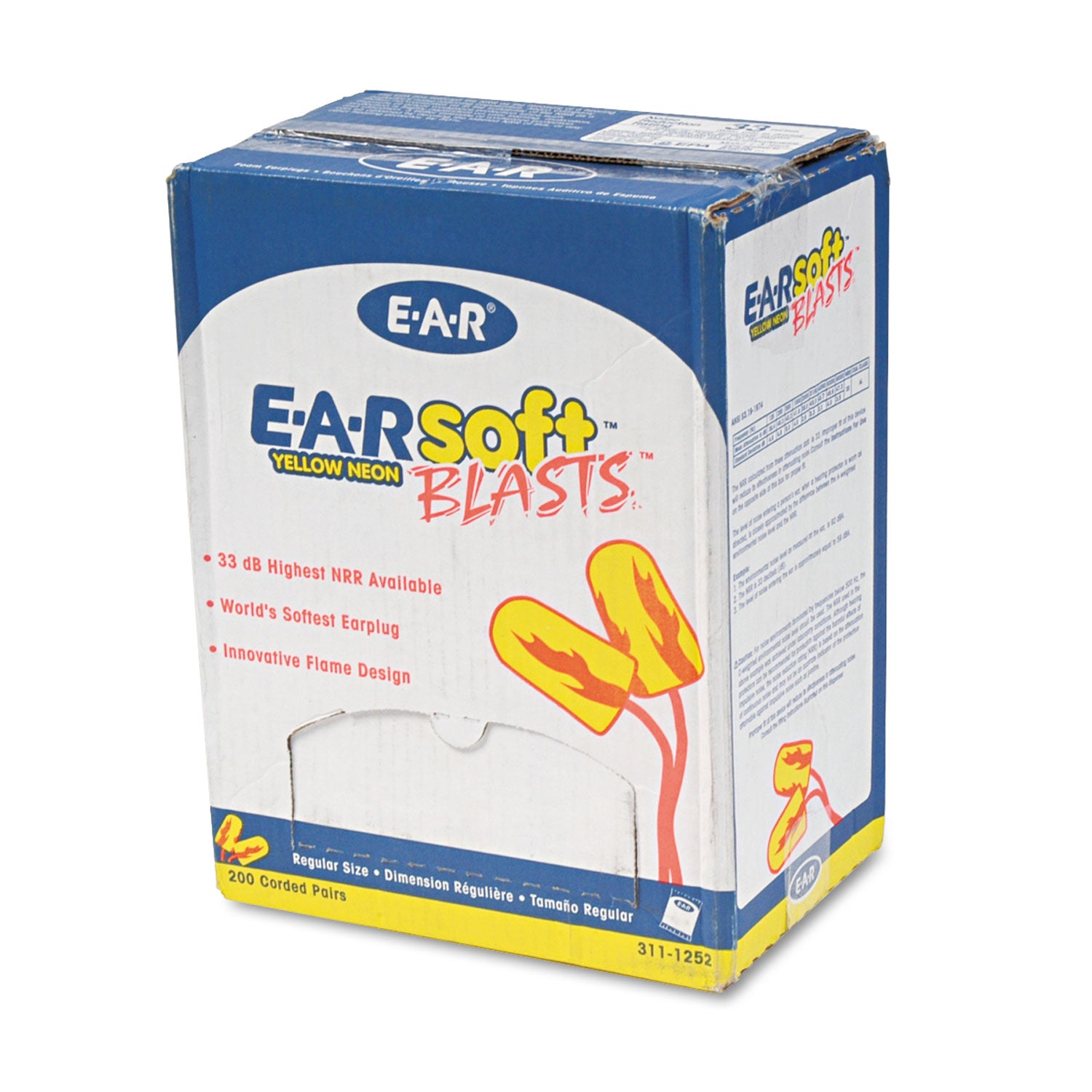 E-A-Rsoft Blasts Earplugs, Corded, Foam, Yellow Neon, 200 Pairs/Box -