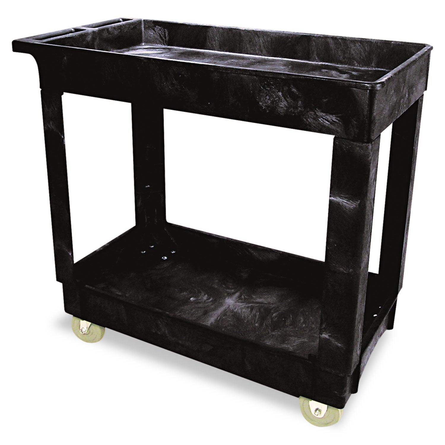 Service/Utility Carts, Plastic, 2 Shelves, 500 lb Capacity, 34.13" x 17.38" x 32.38", Black -