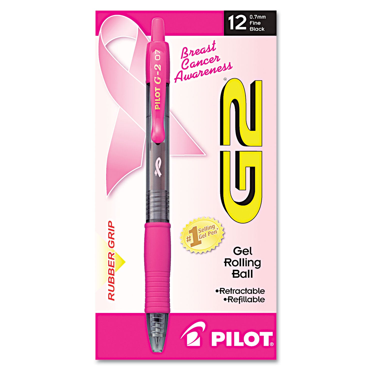 G2 Premium Breast Cancer Awareness Gel Pen, Retractable, Fine 0.7 mm, Black Ink, Smoke/Pink Barrel, Dozen -