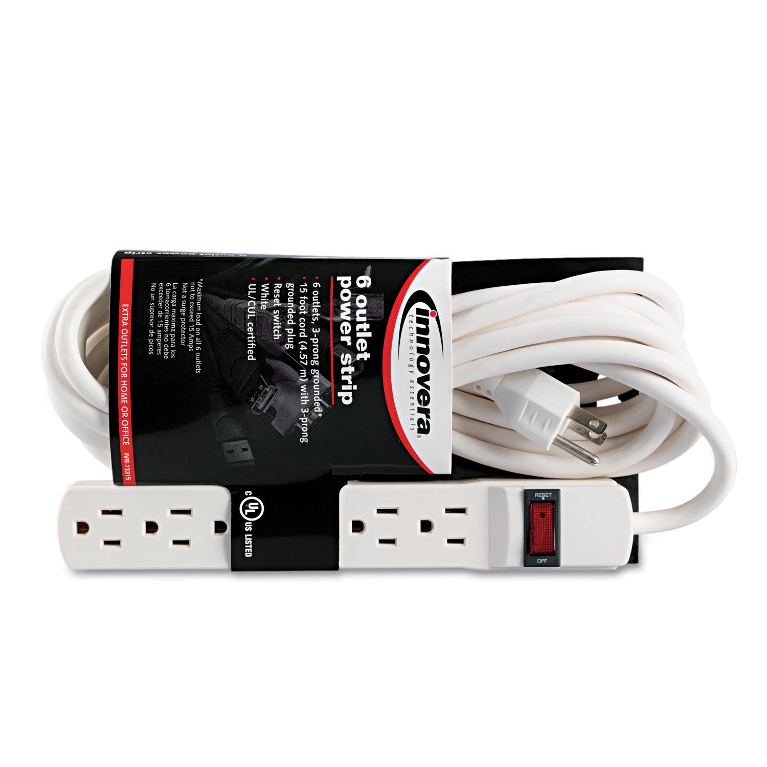 Power Strip, 6 Outlets, 15 ft Cord, Ivory -