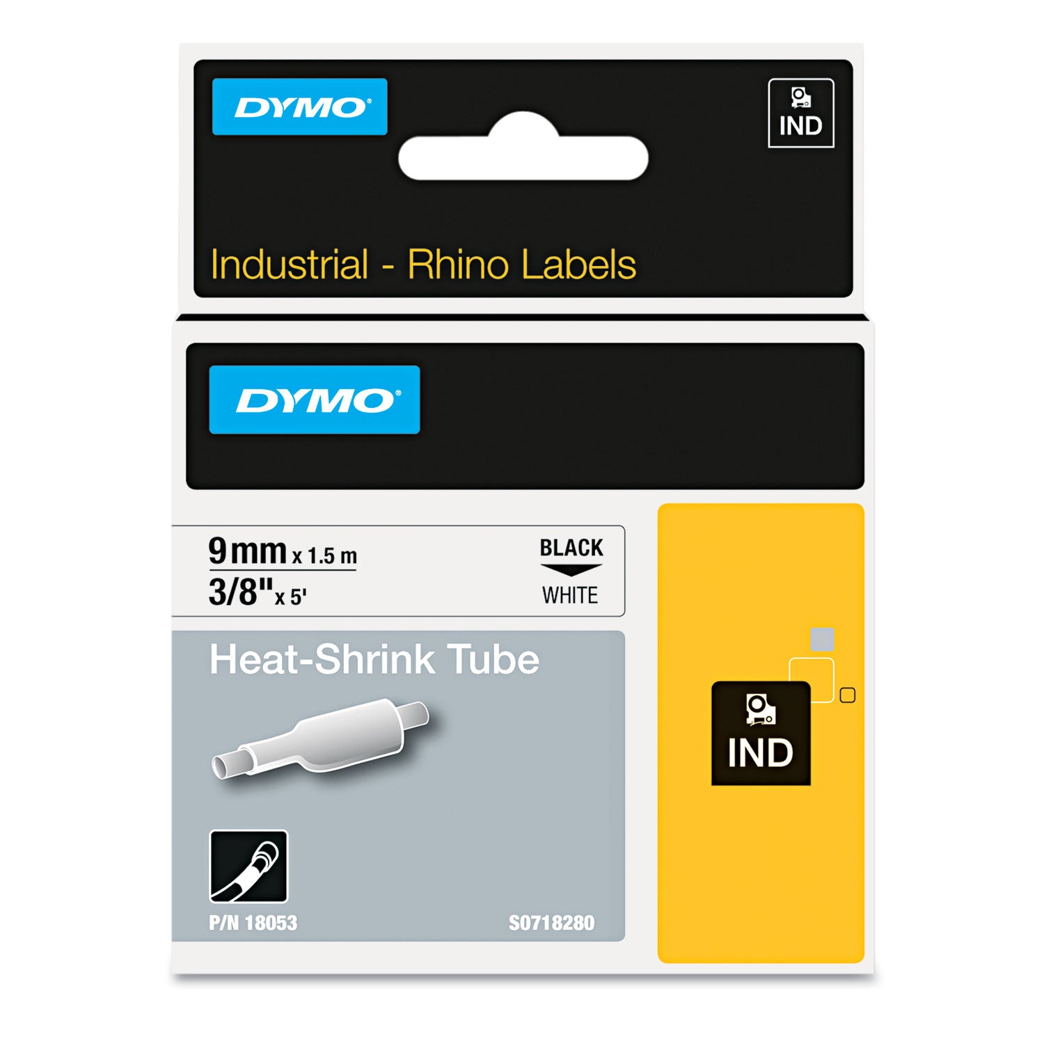 Rhino Heat Shrink Tubes Industrial Label Tape, 0.37" x 5 ft, White/Black Print -