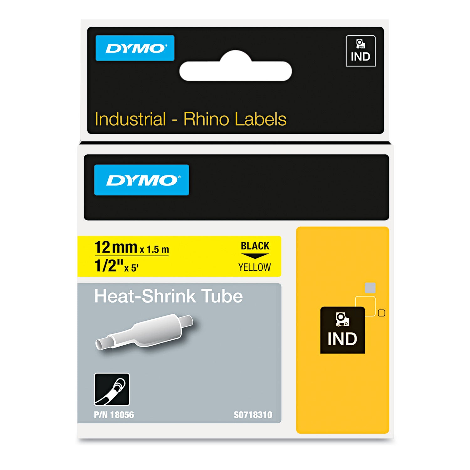 Rhino Heat Shrink Tubes Industrial Label Tape, 0.5" x 5 ft, White/Black Print -