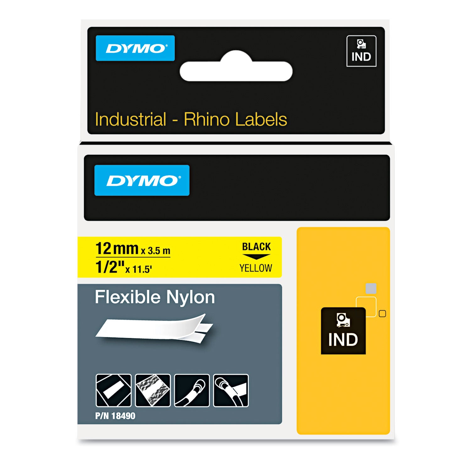 Rhino Flexible Nylon Industrial Label Tape, 0.5" x 11.5 ft, Yellow/Black Print -