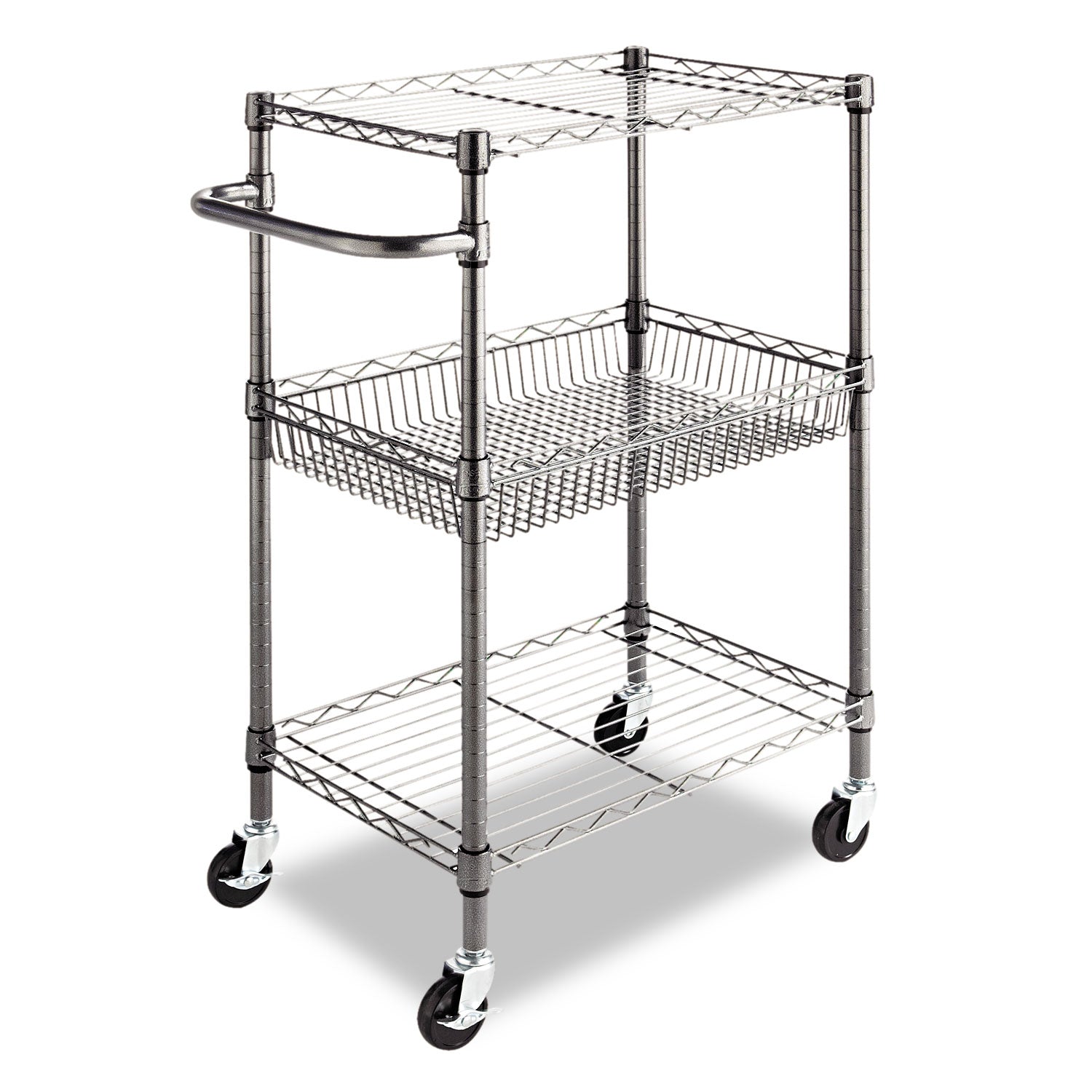 Three-Tier Wire Cart with Basket, Metal, 2 Shelves, 1 Bin, 500 lb Capacity, 28" x 16" x 39", Black Anthracite -