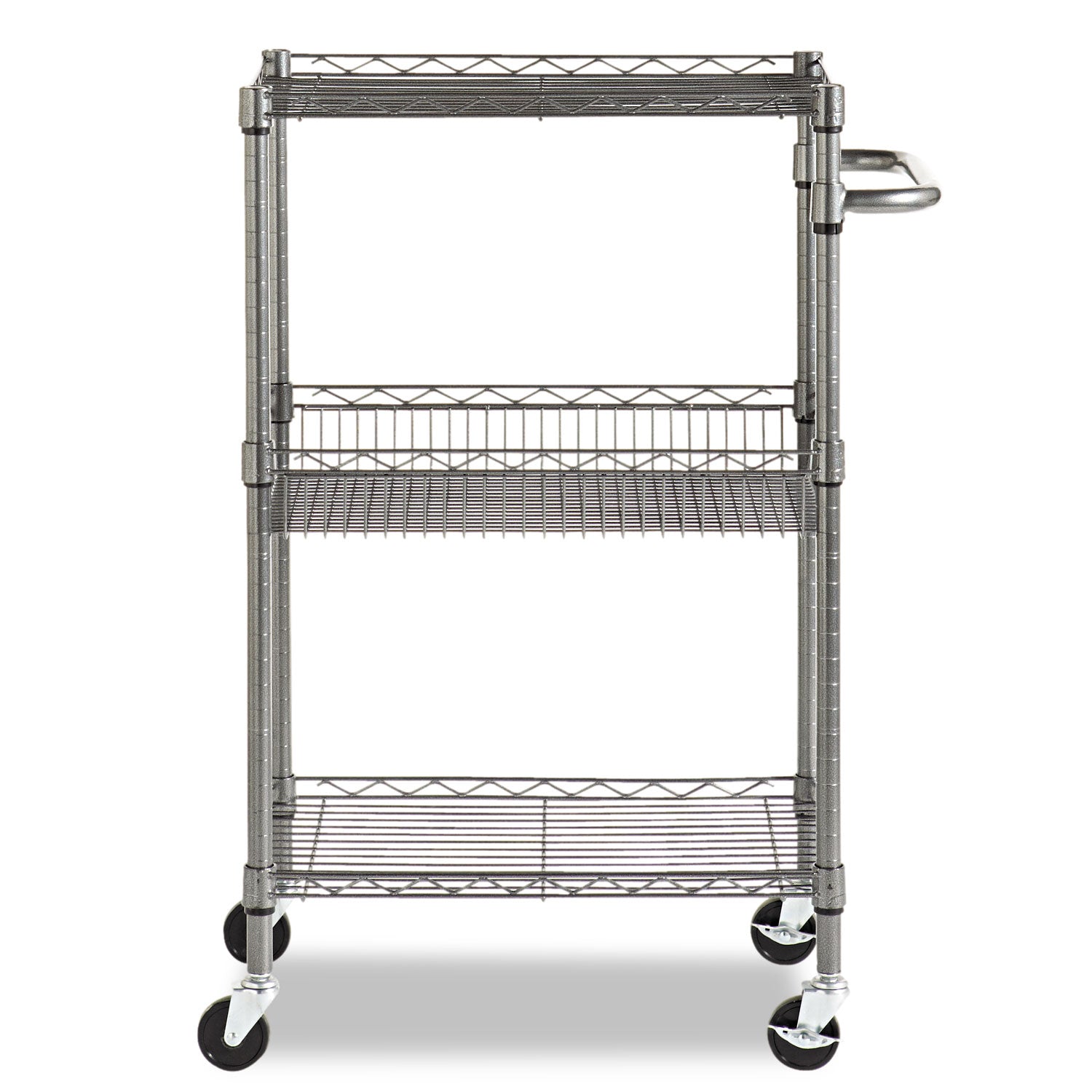 Three-Tier Wire Cart with Basket, Metal, 2 Shelves, 1 Bin, 500 lb Capacity, 28" x 16" x 39", Black Anthracite -