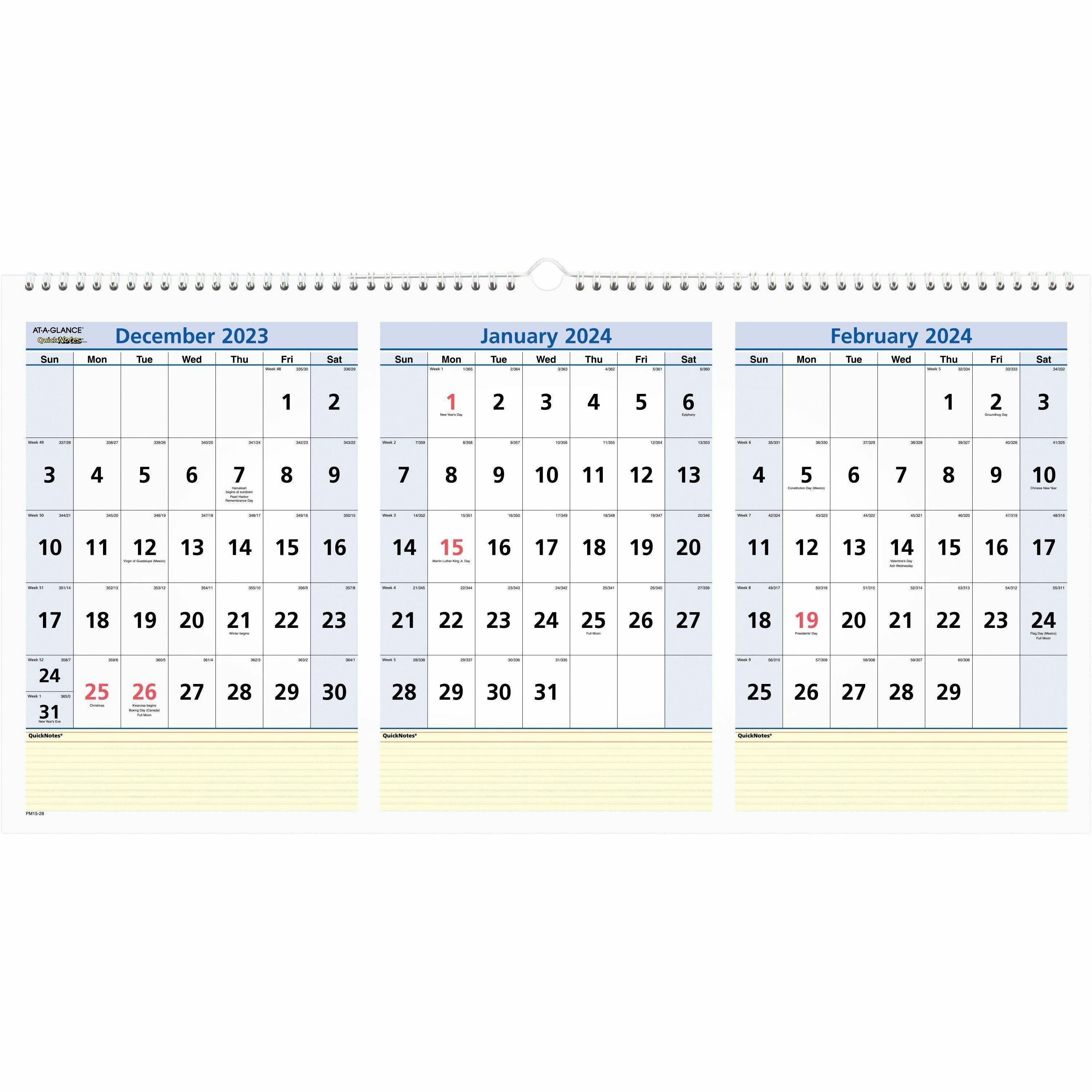 At-A-Glance QuickNotes Three Month Horizontal Wall Calendar - Large Size - Julian Dates - Monthly - 15 Month - December 2023 - February 2025 - 3 Month Single Page Layout - 12" x 24" White Sheet - Wire Bound - White - Chipboard, Paper - Hanging Loop,