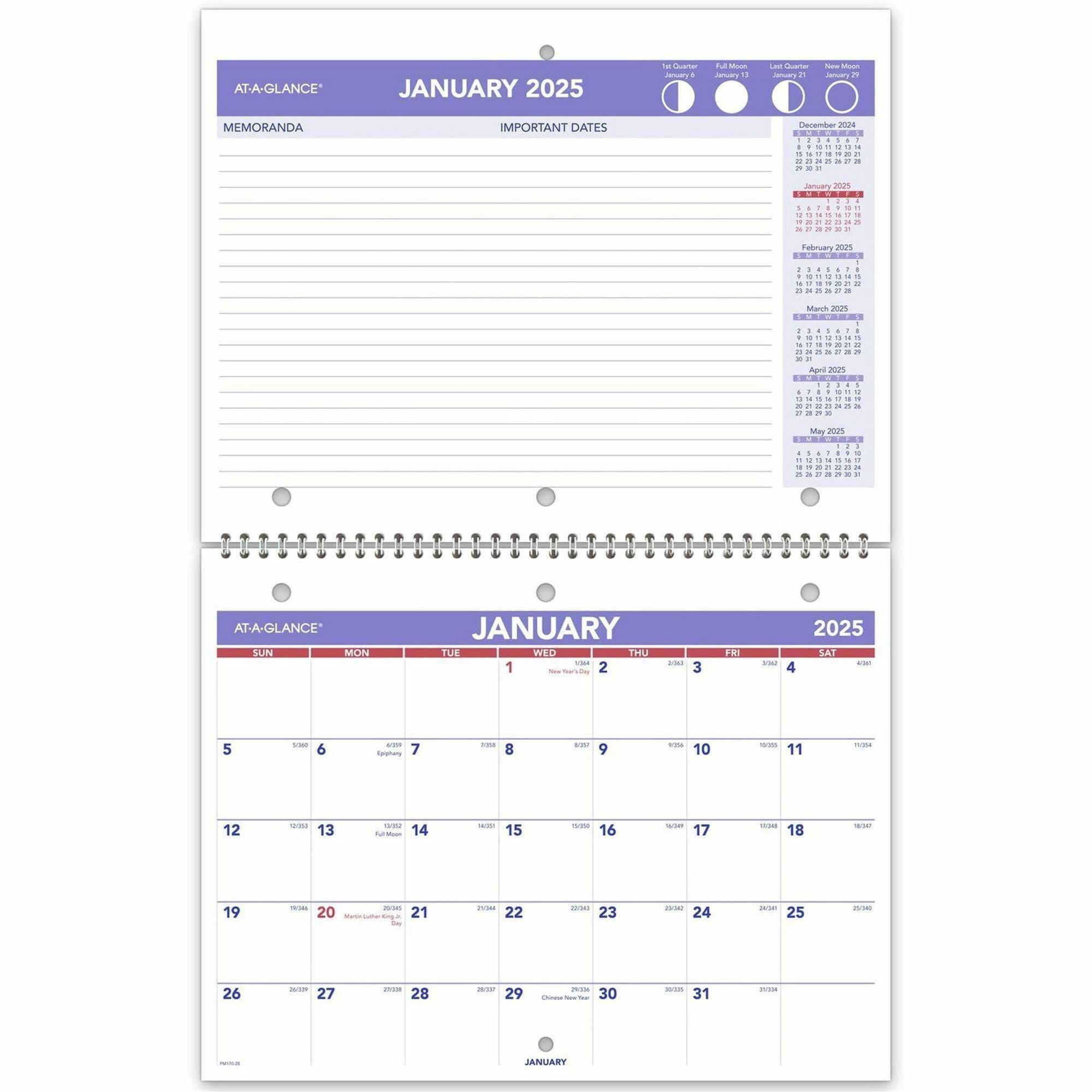 At-A-Glance Desk Wall Calendar - Small Size - Julian Dates - Monthly - 12 Month - January 2024 - December 2024 - 1 Month Single Page Layout 1 Month Double Page Layout - 11" x 8 1/2" White Sheet - 1.50" x 1.25" Block - Wire Bound - Desktop - White - P