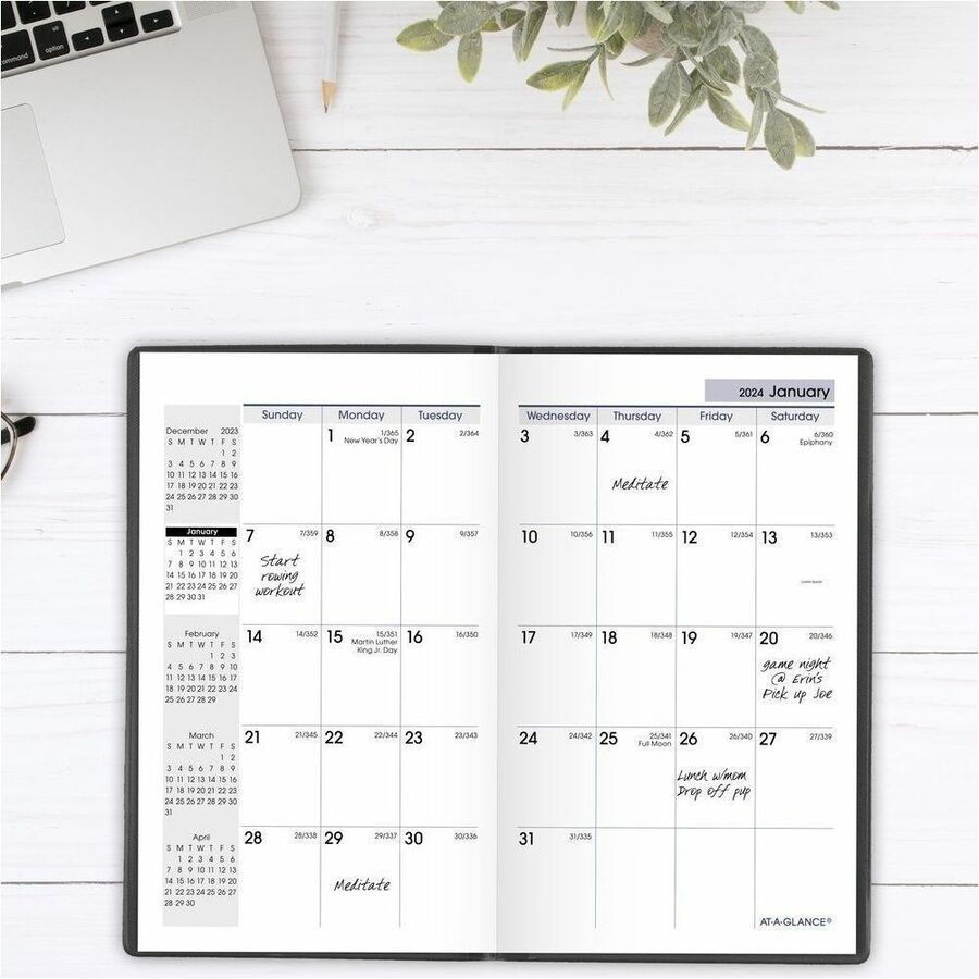 DayMinder 2024 Monthly Planner, Black, Pocket, 3 1/2" x 6" - Pocket Size - Julian Dates - Monthly - 14 Month - December 2023 - January 2025 - 1 Month Double Page Layout - 3 1/2" x 6" White Sheet - Stapled - Leather - Black - Simulated Leather, Paper, -