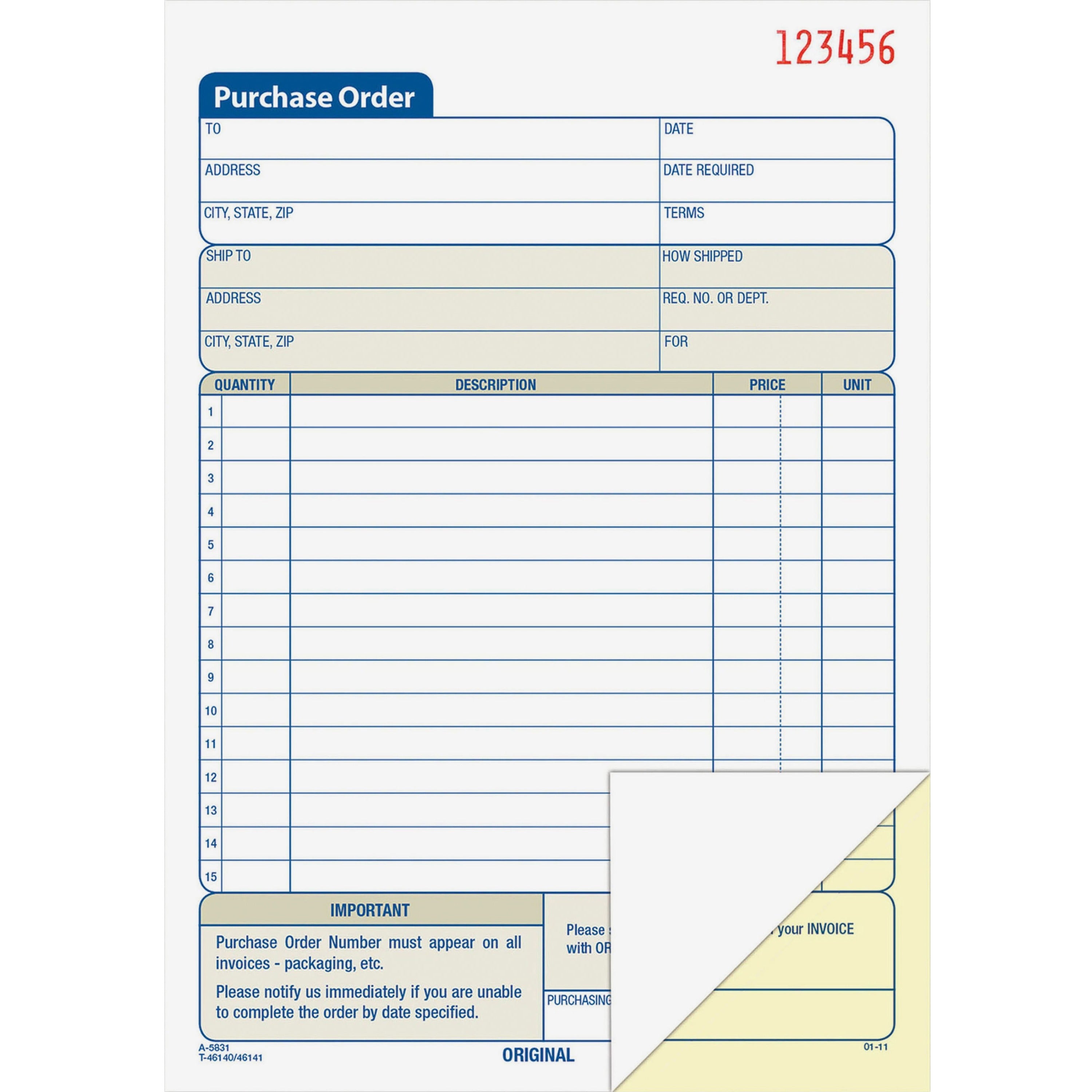 Adams Carbonless Purchase Order Statement - Tape Bound - 2 PartCarbonless Copy - 5.56" x 8.43" Sheet Size - 2 x Holes - White, Canary - Assorted Sheet(s) - 1 Each -