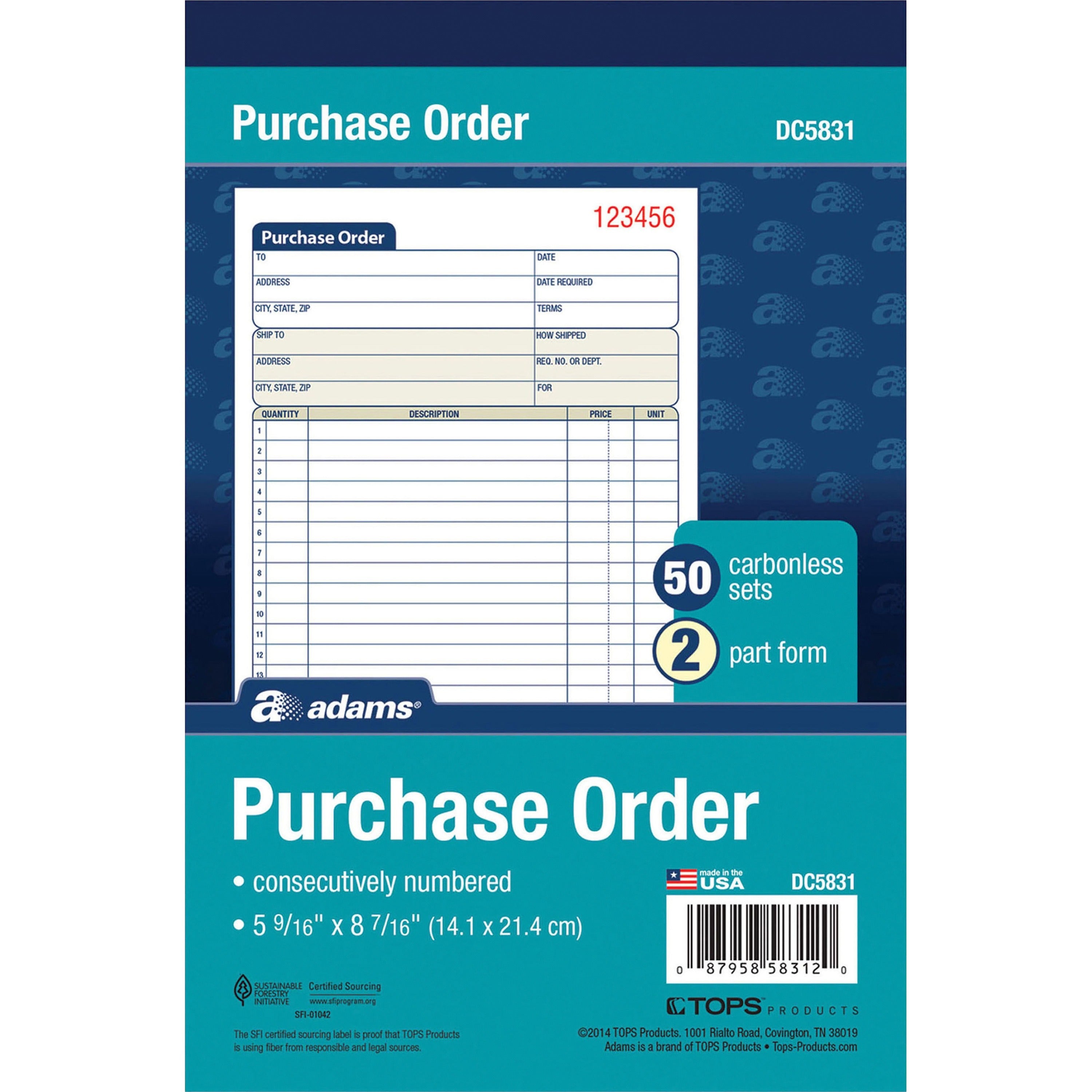 Adams Carbonless Purchase Order Statement - Tape Bound - 2 PartCarbonless Copy - 5.56" x 8.43" Sheet Size - 2 x Holes - White, Canary - Assorted Sheet(s) - 1 Each -