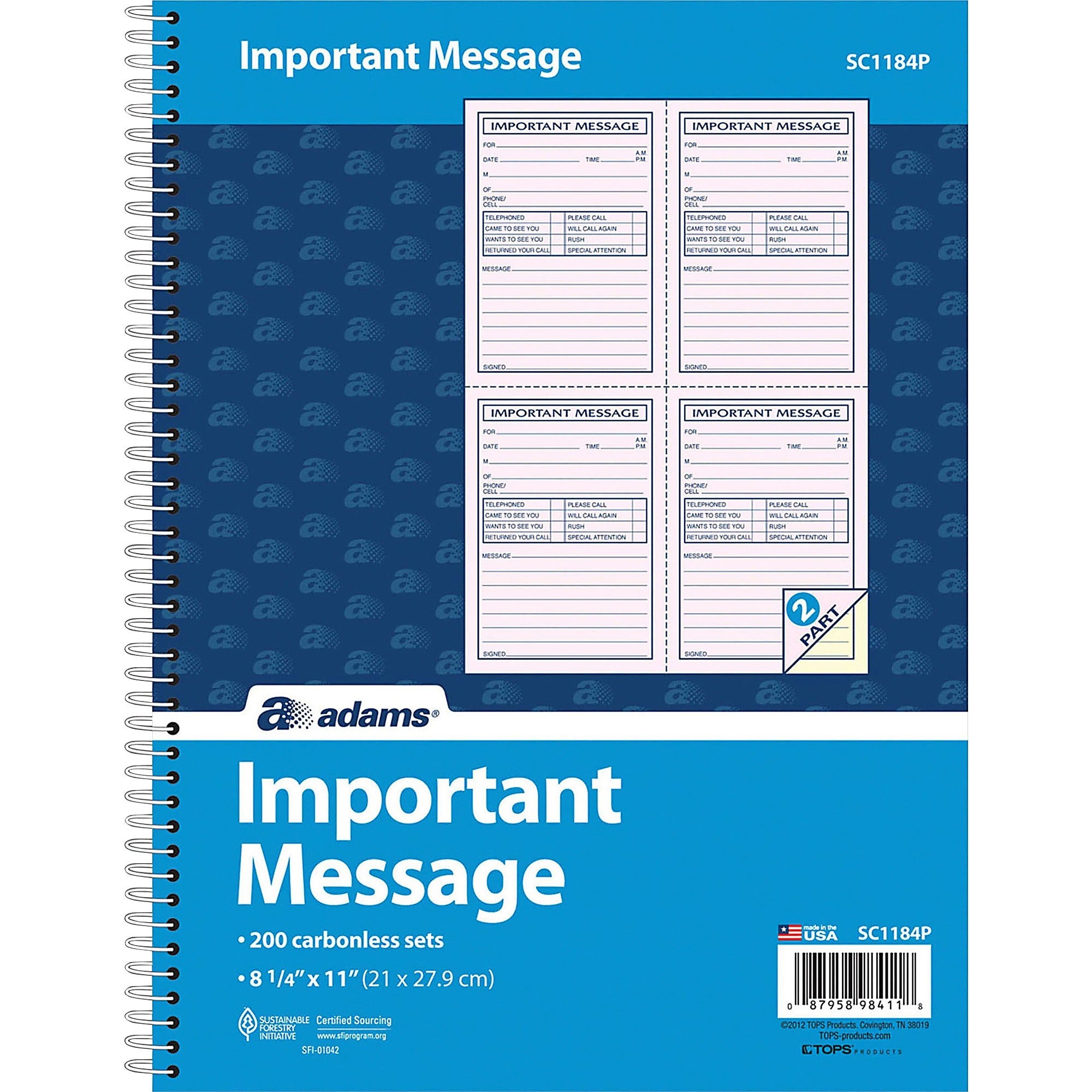 Adams Carbonless Important Message Pad - 200 Sheet(s) - Spiral Bound - 2 PartCarbonless Copy - 8.50" x 11" Sheet Size - Assorted Sheet(s) - 1 Each -