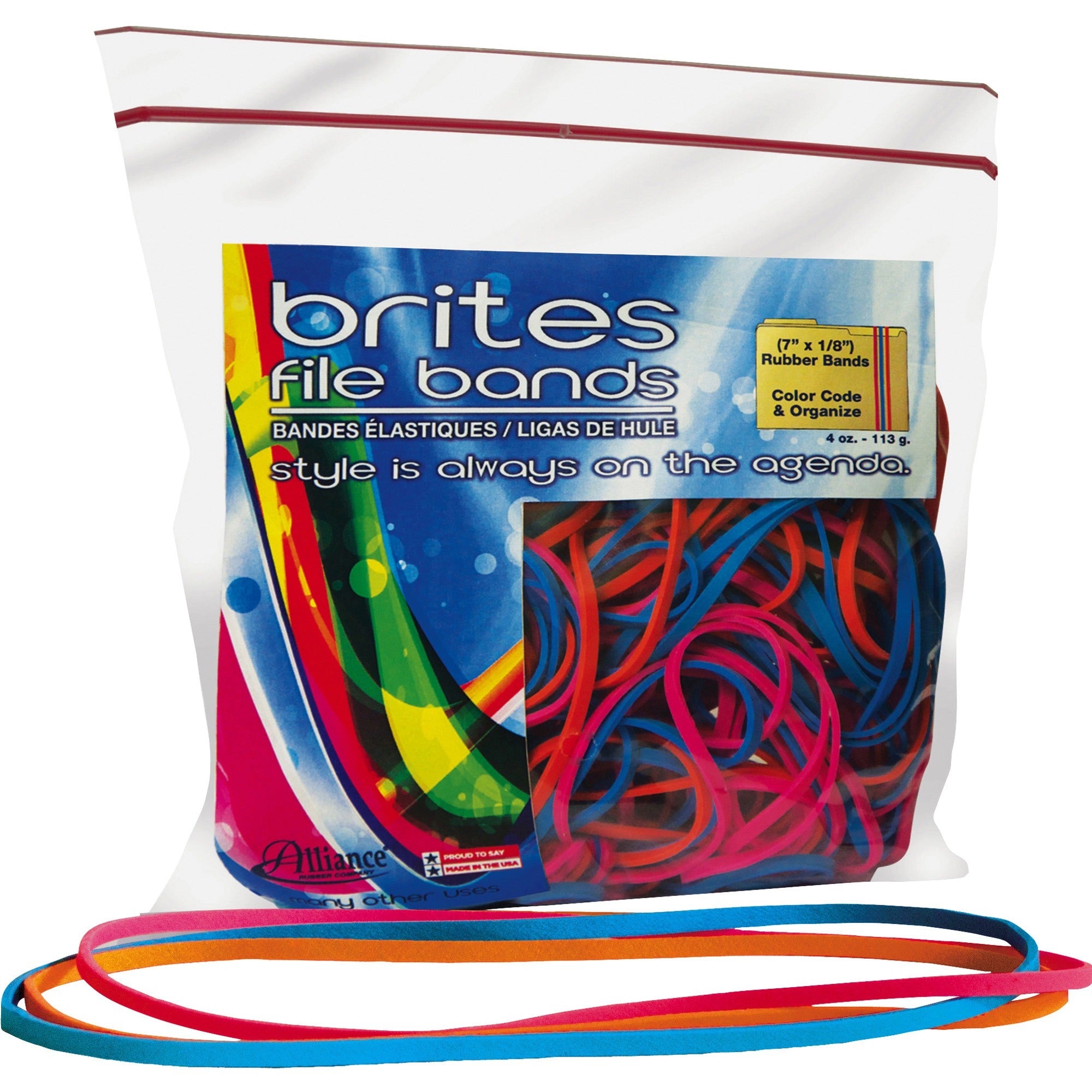 Brites File Bands - Size: #117B - 7" Length x 0.1" Width - Reusable, Elastic, Stretchable, Latex-free, Freezer Safe, Microwave Safe, Durable - 50 / Pack - Pink, Blue, Orange -