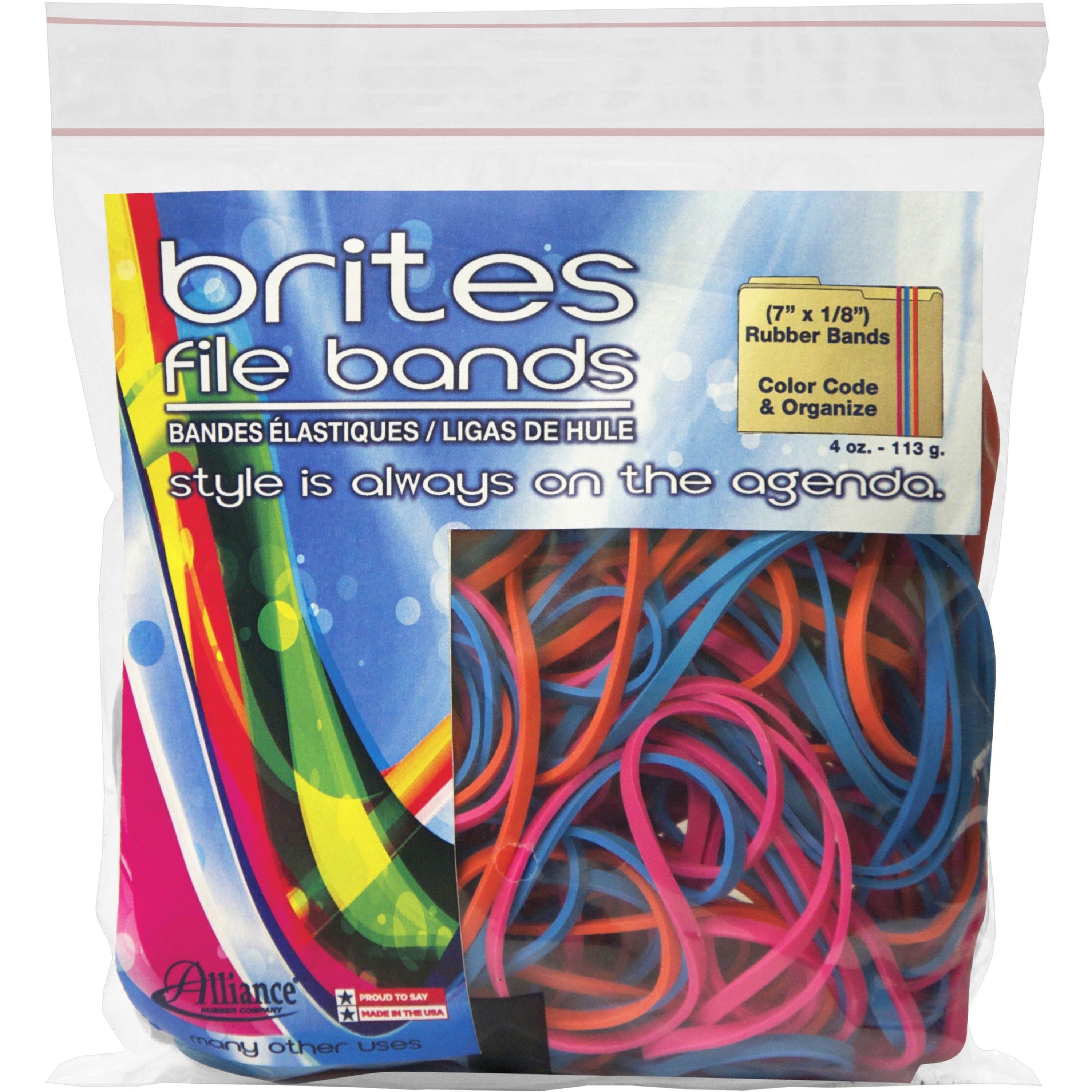 Brites File Bands - Size: #117B - 7" Length x 0.1" Width - Reusable, Elastic, Stretchable, Latex-free, Freezer Safe, Microwave Safe, Durable - 50 / Pack - Pink, Blue, Orange -